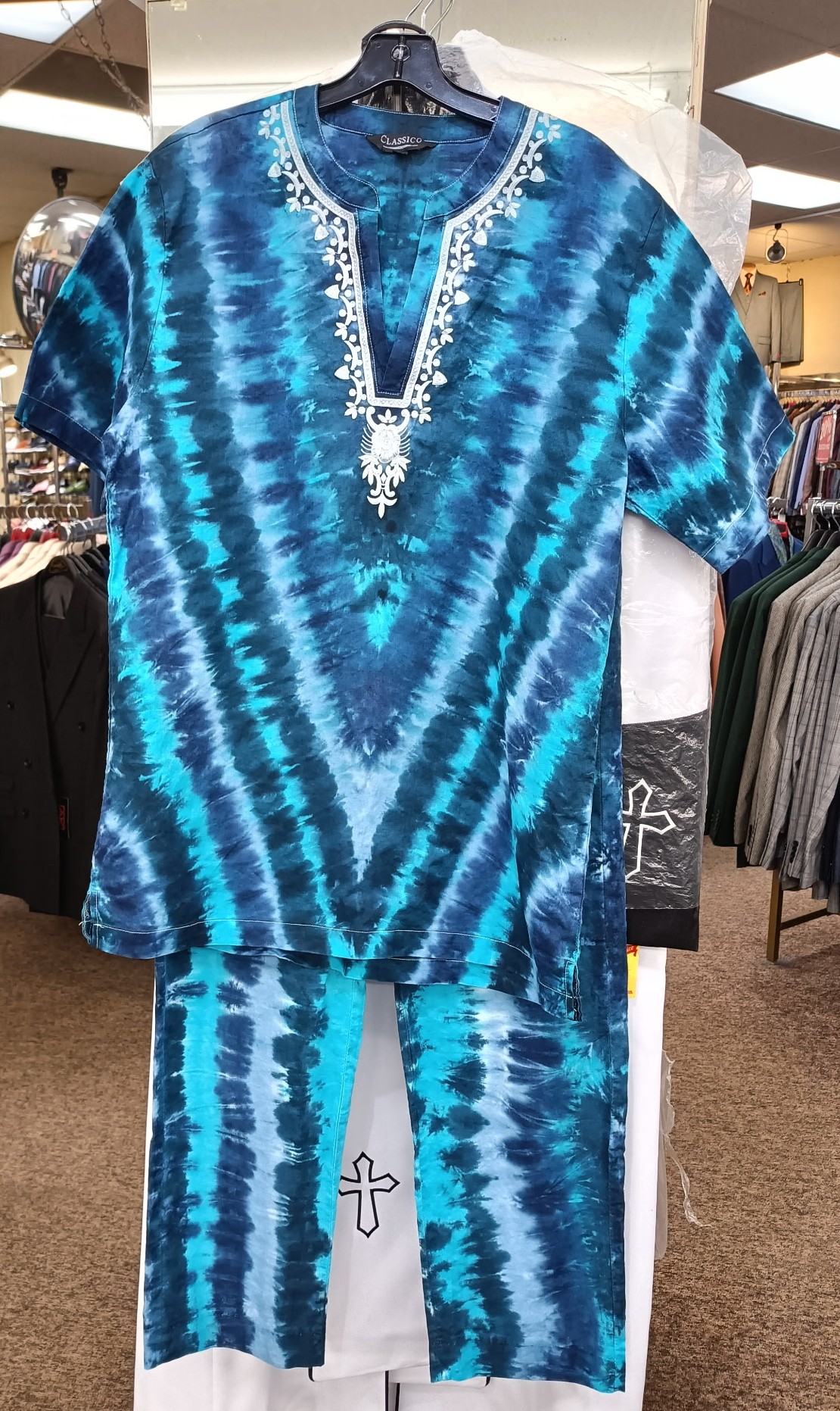 Blue Tie-Dye African Traditional Outfit (Top L, Pants Waist 34/36)
