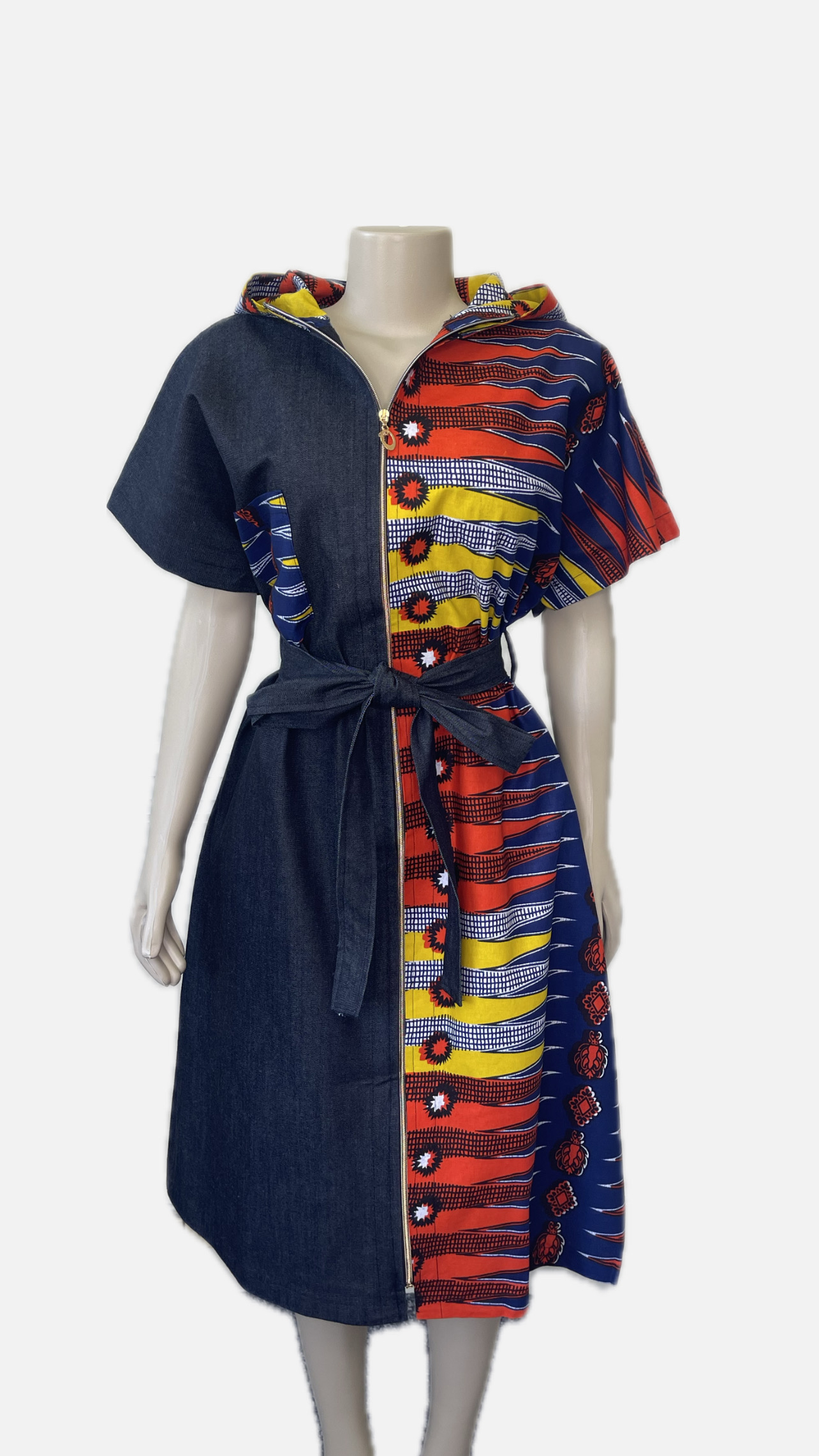 Colorful Hooded Denim Dress with Denim belt