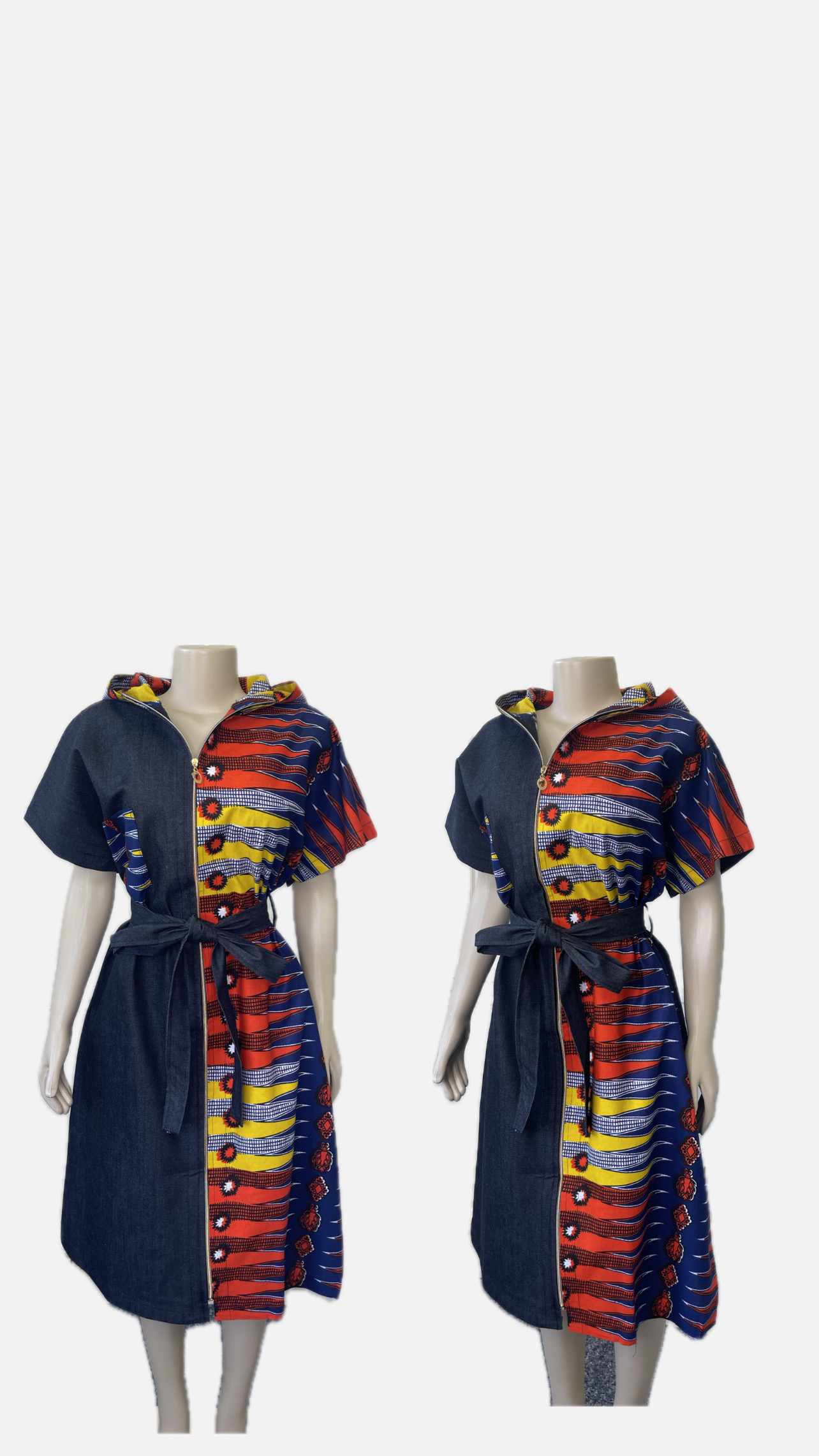 Colorful Hooded Denim Dress with Denim belt