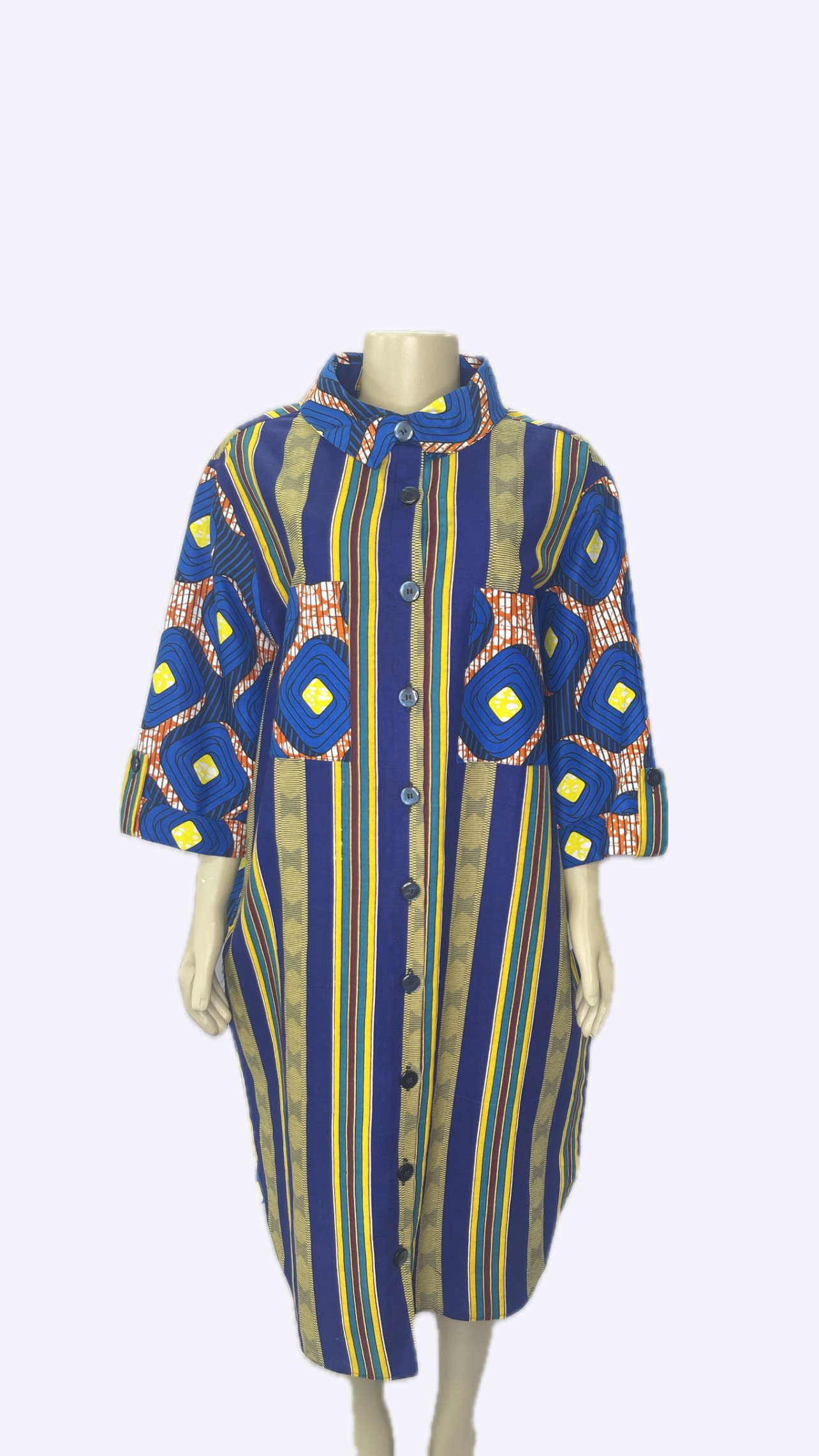 Colorful Striped African print Button-Up shirt Dress