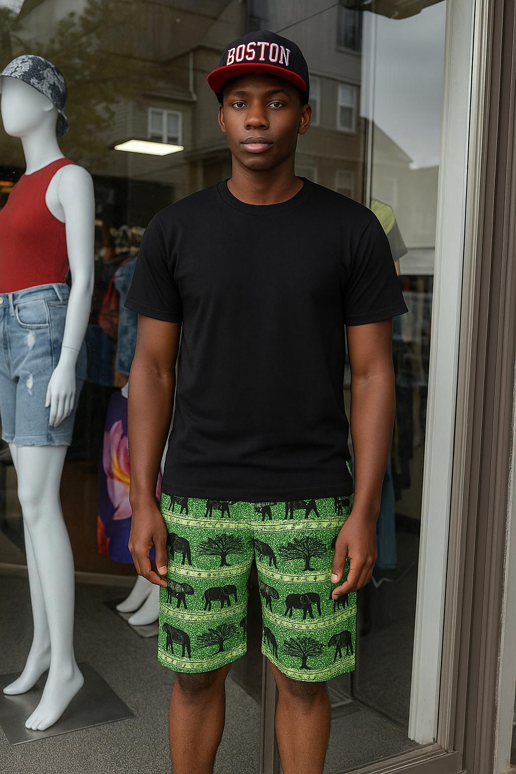 Green African Print Shorts