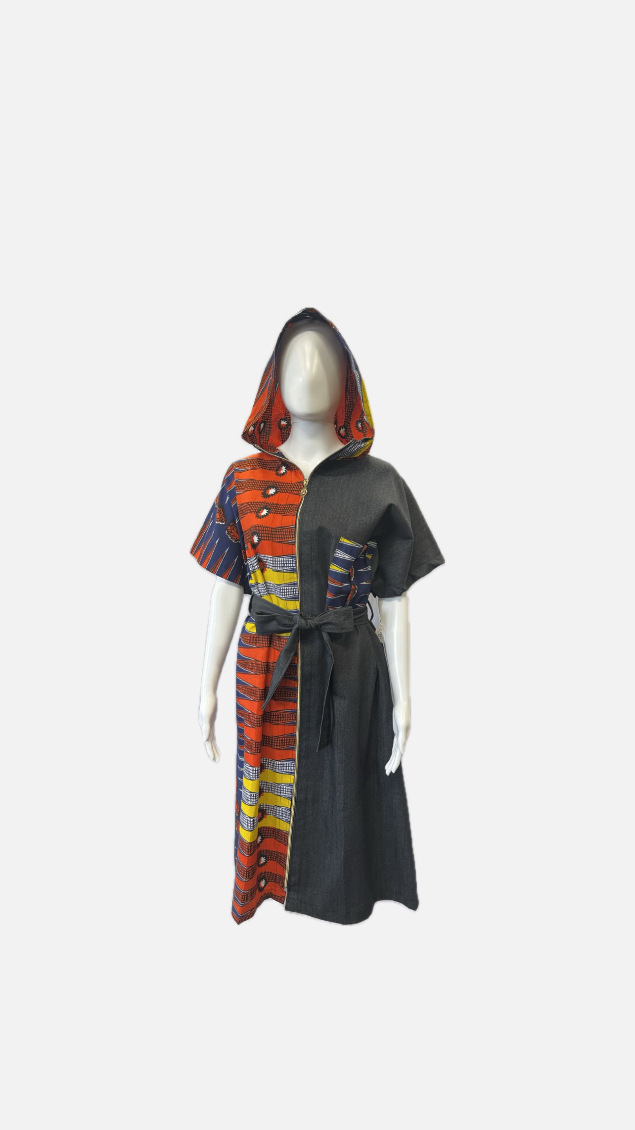 Colorful Hooded Denim Dress with Denim belt