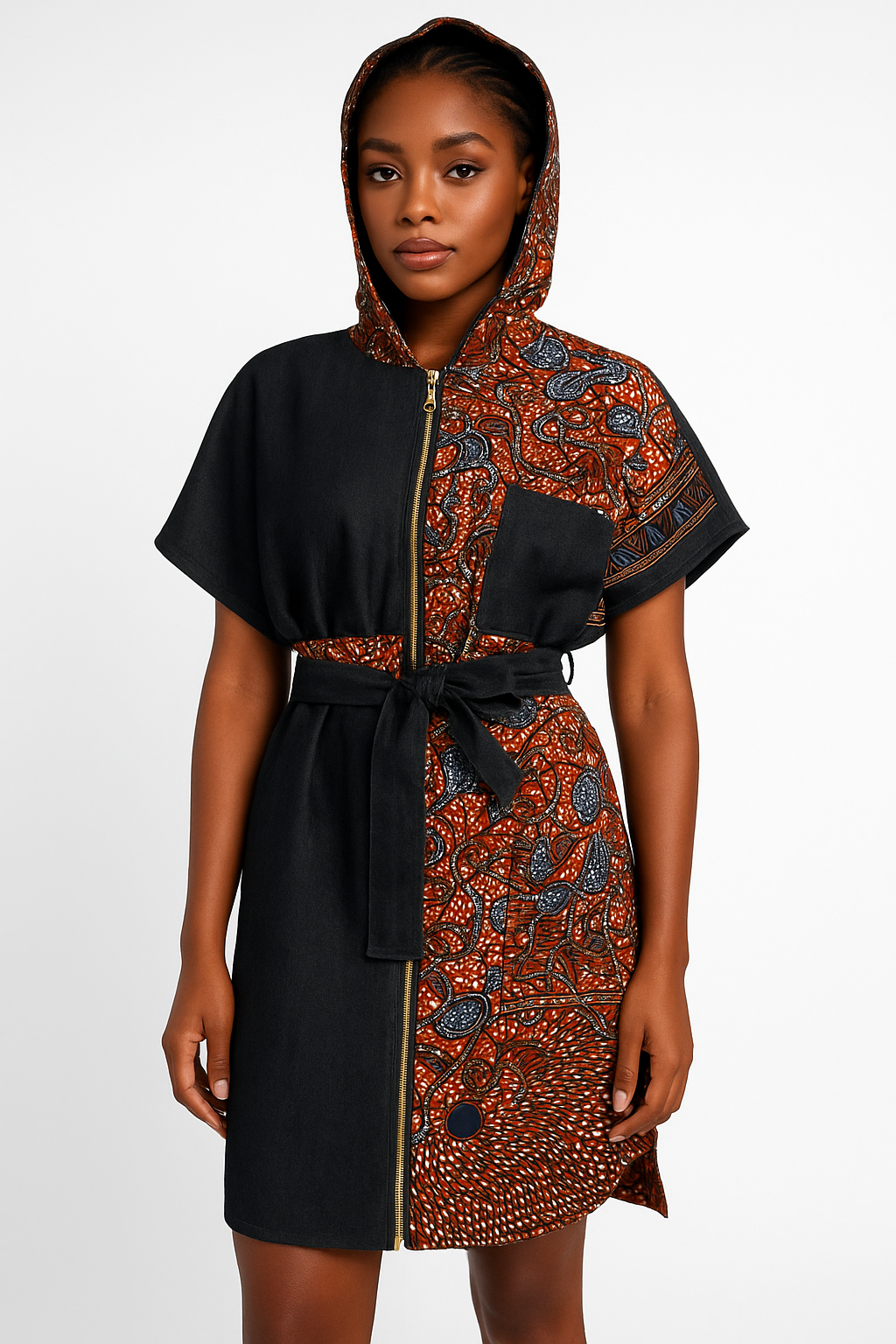 Stylish Hooded Denim Dress with denim belt