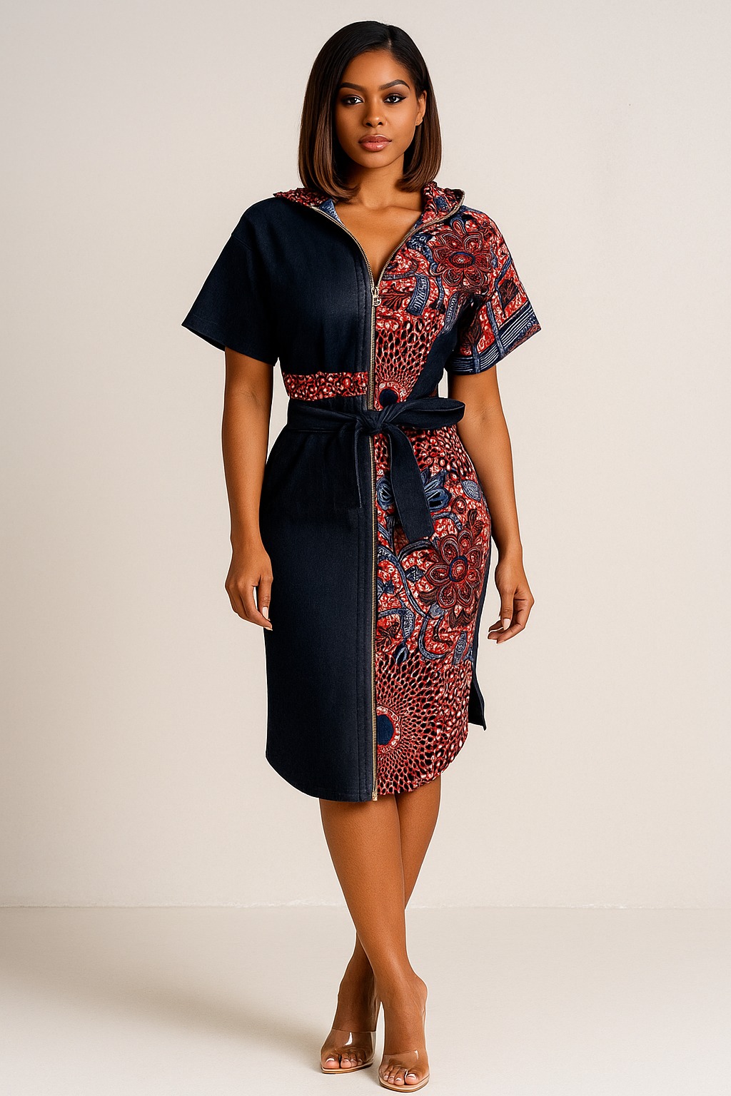 Stylish Hooded Denim Dress with denim belt