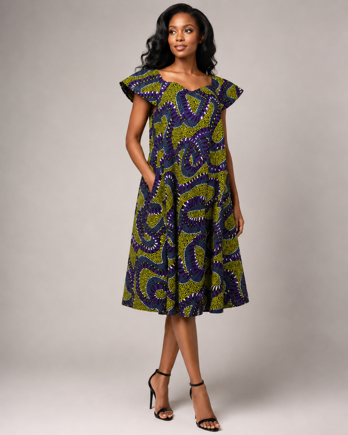 Purple/Yellow African Print Midi Dress