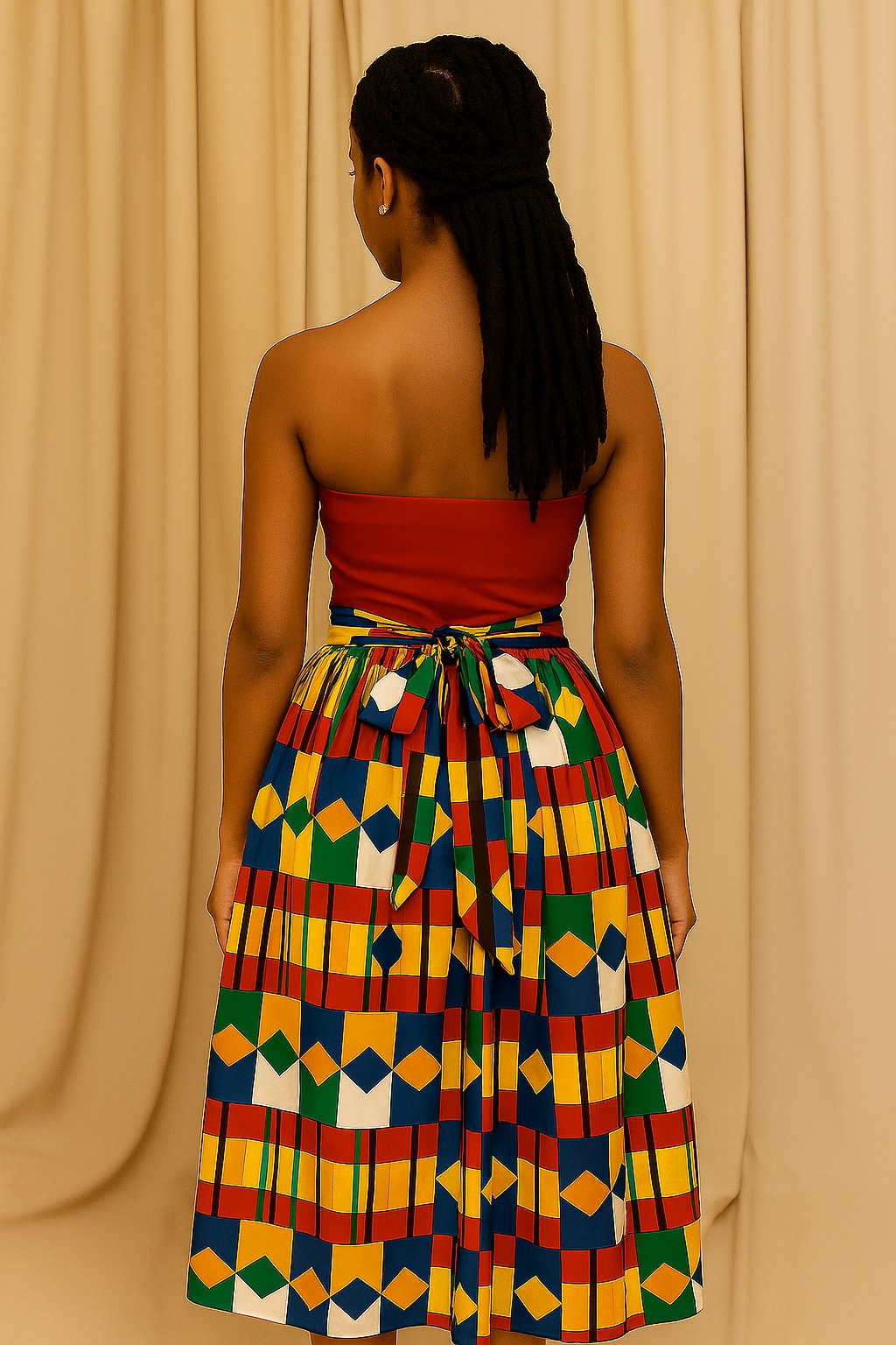 African Print Strapless Midi Dress