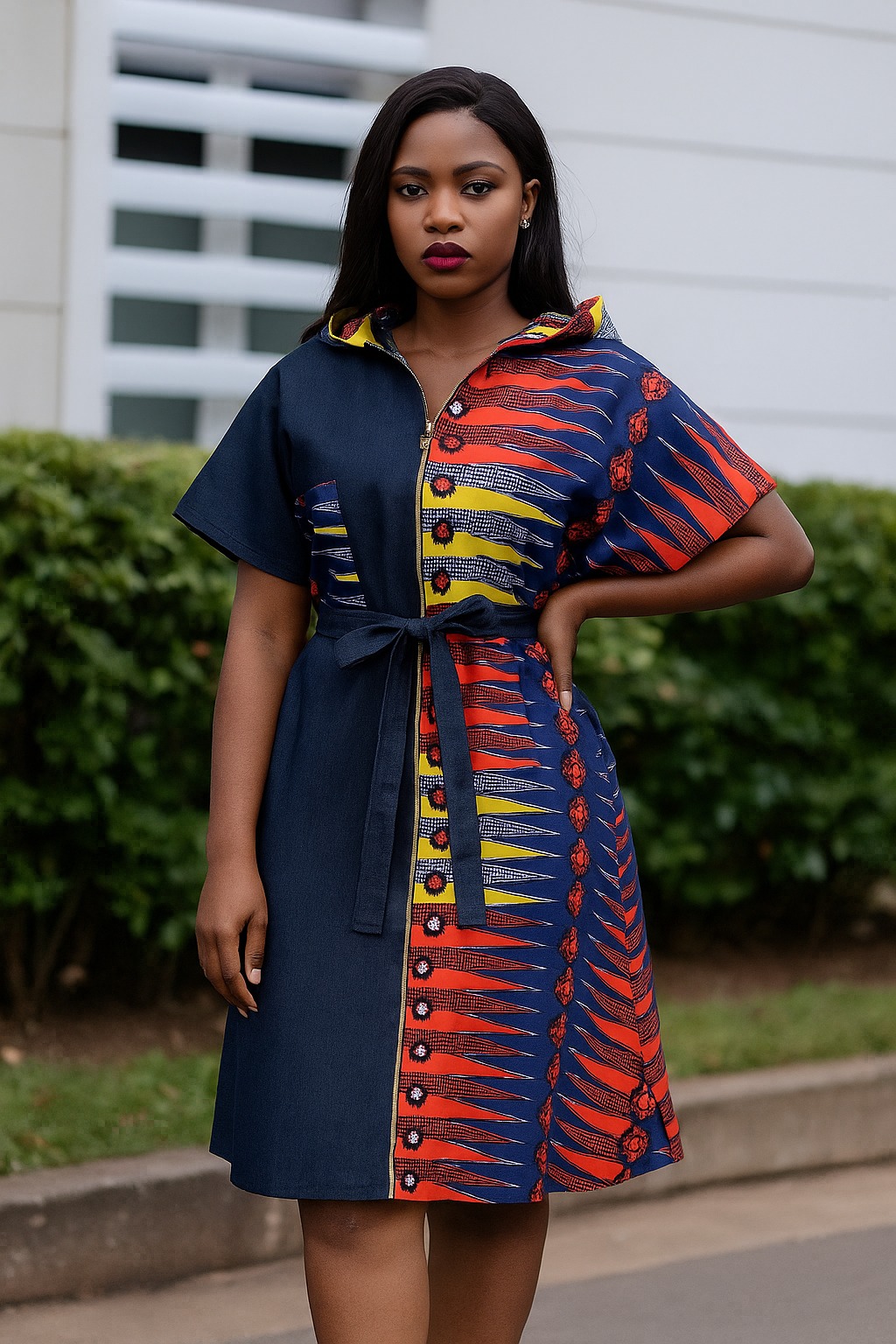 Colorful Hooded Denim Dress with Denim belt