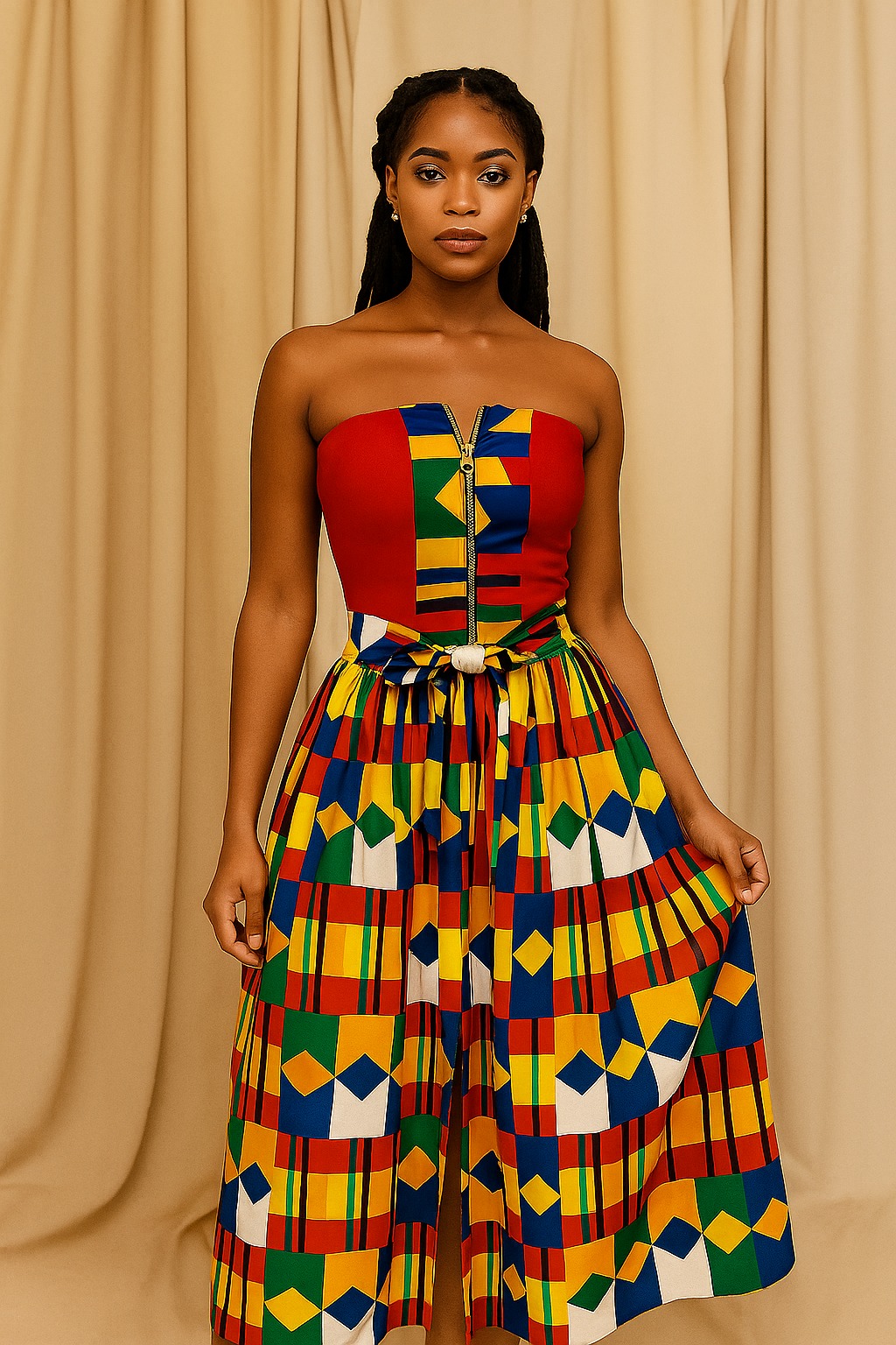 African Print Strapless Midi Dress