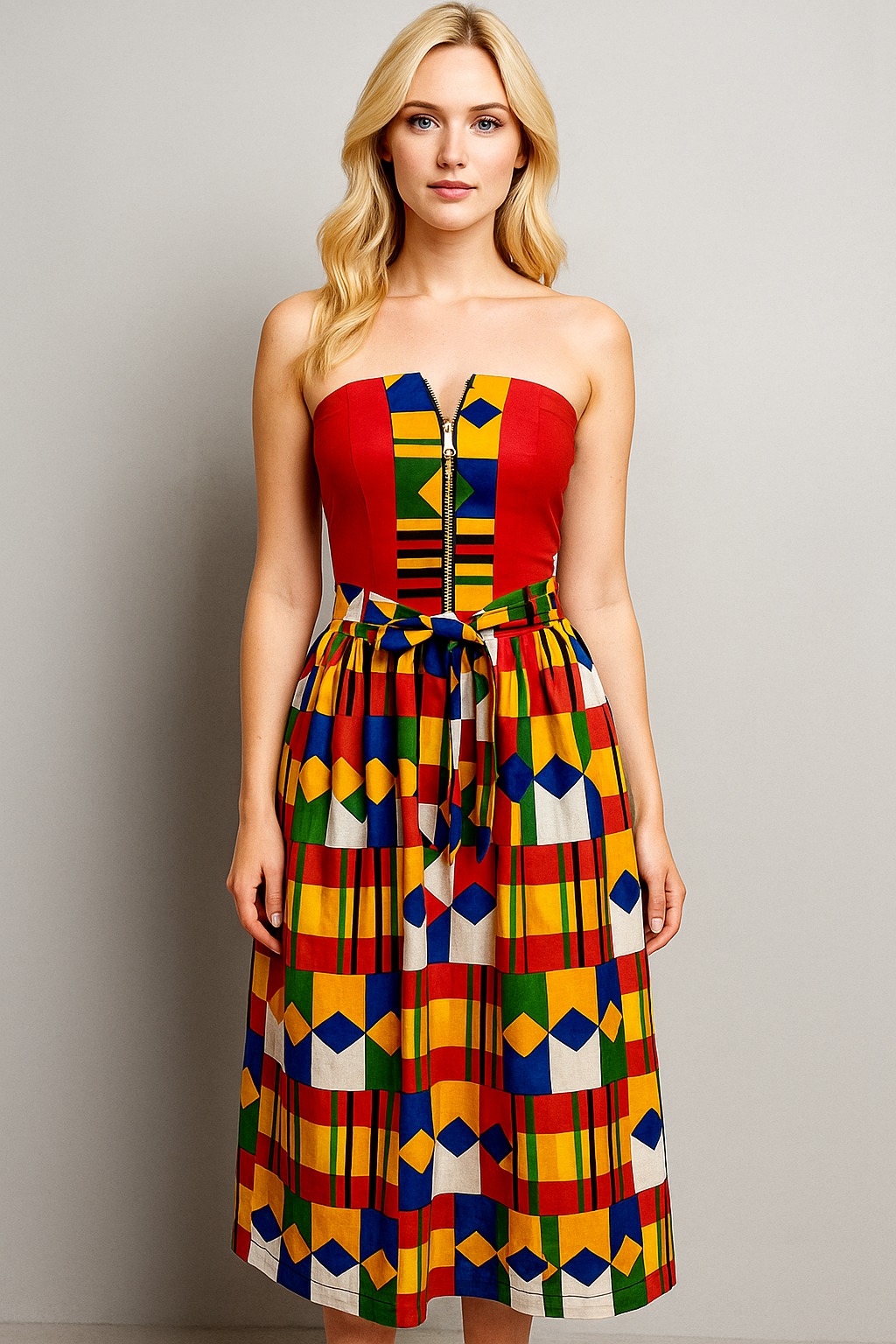 African Print Strapless Midi Dress
