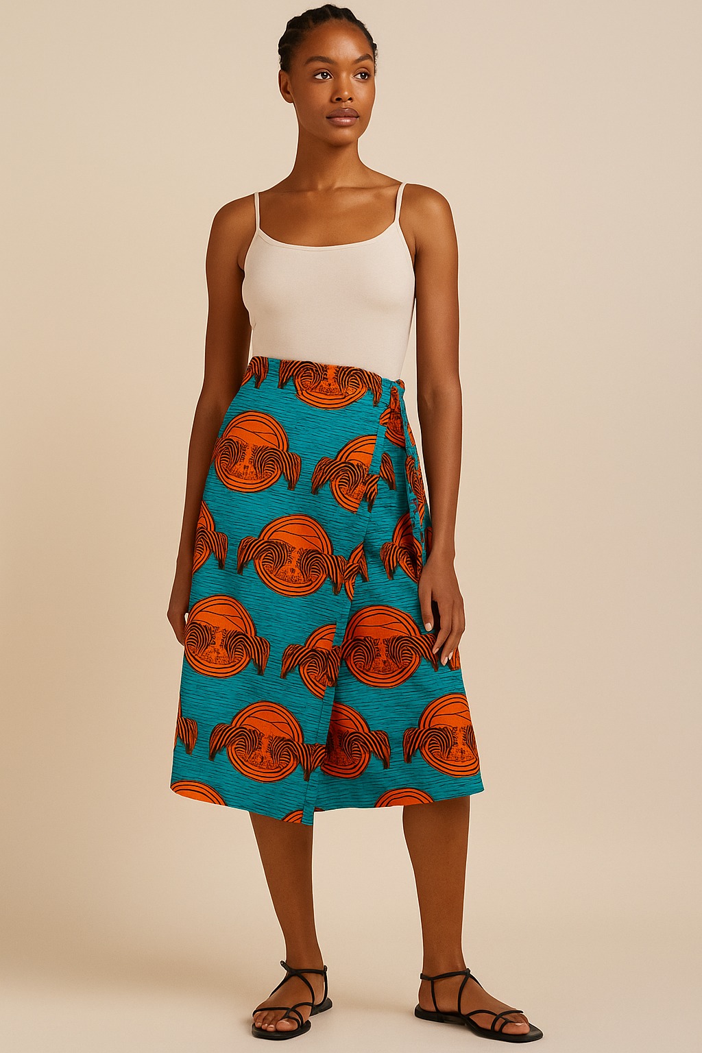 Teal with Orange African print midi  Wrap skirt
