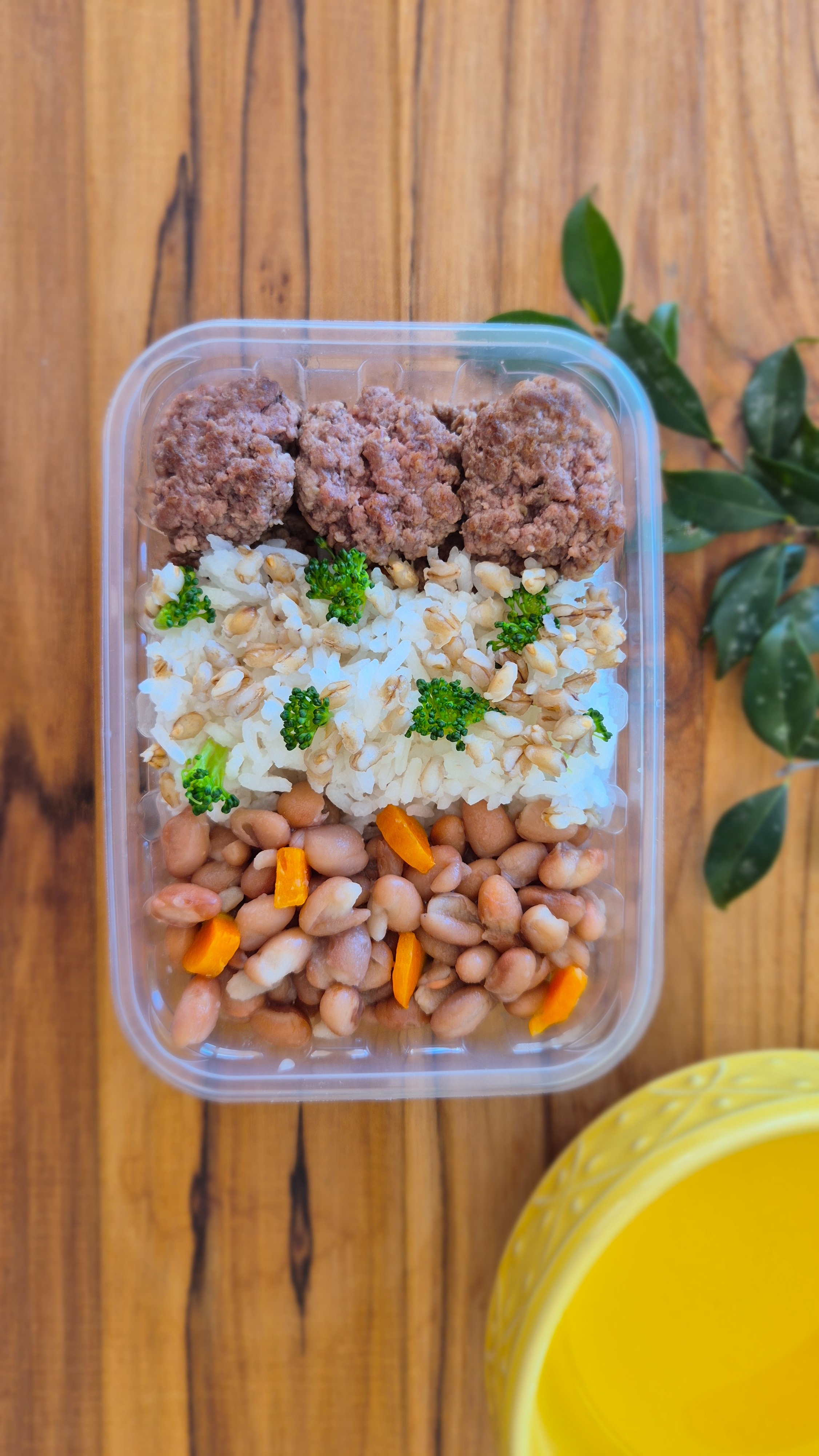 Mini hambúrgueres artesanais, arroz com espelta e brócolis e feijão com abóbora. (Ref. 2501)