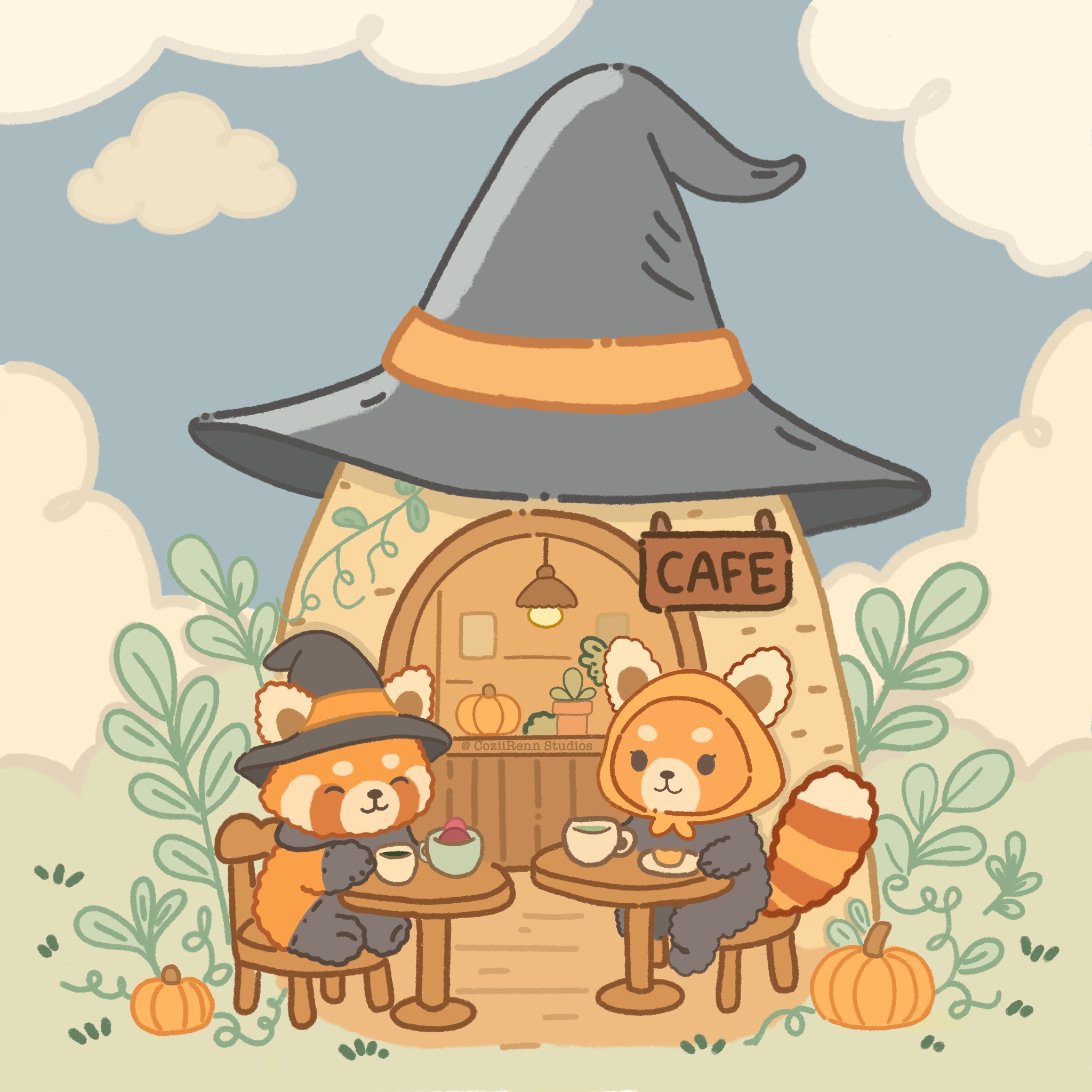 Cozy Witch Café – Fall Red Panda Digital Wallpaper