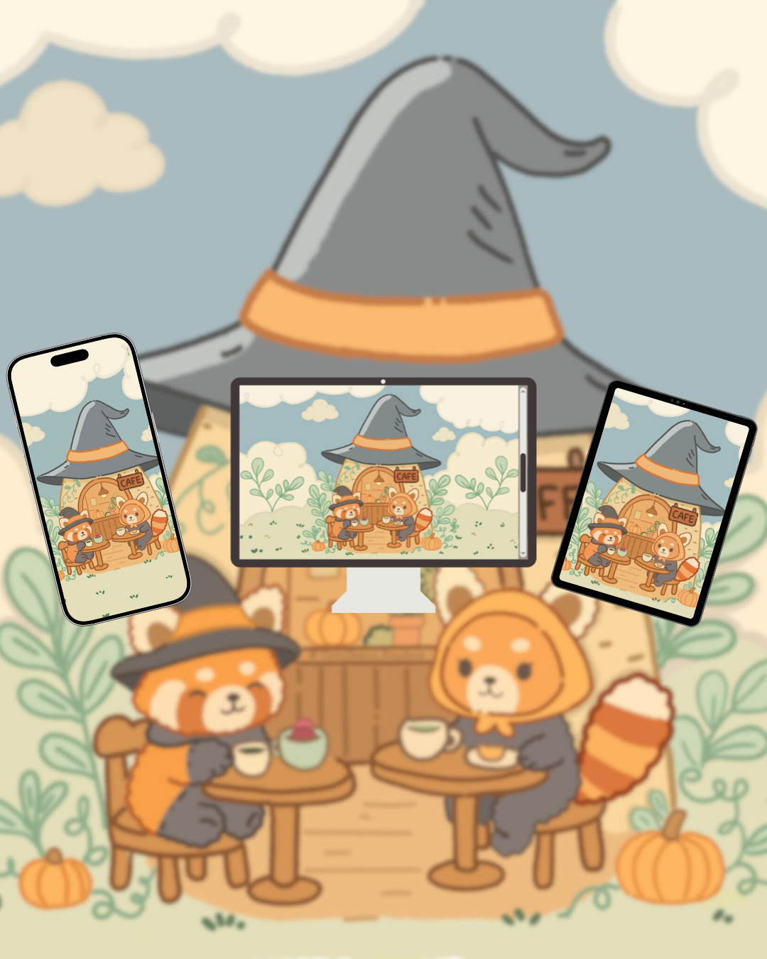 Cozy Witch Café – Fall Red Panda Digital Wallpaper