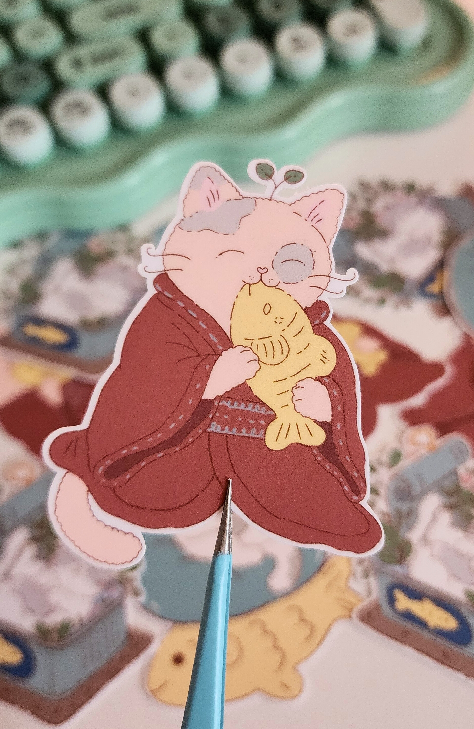 Cute Cat with Fish Sticker