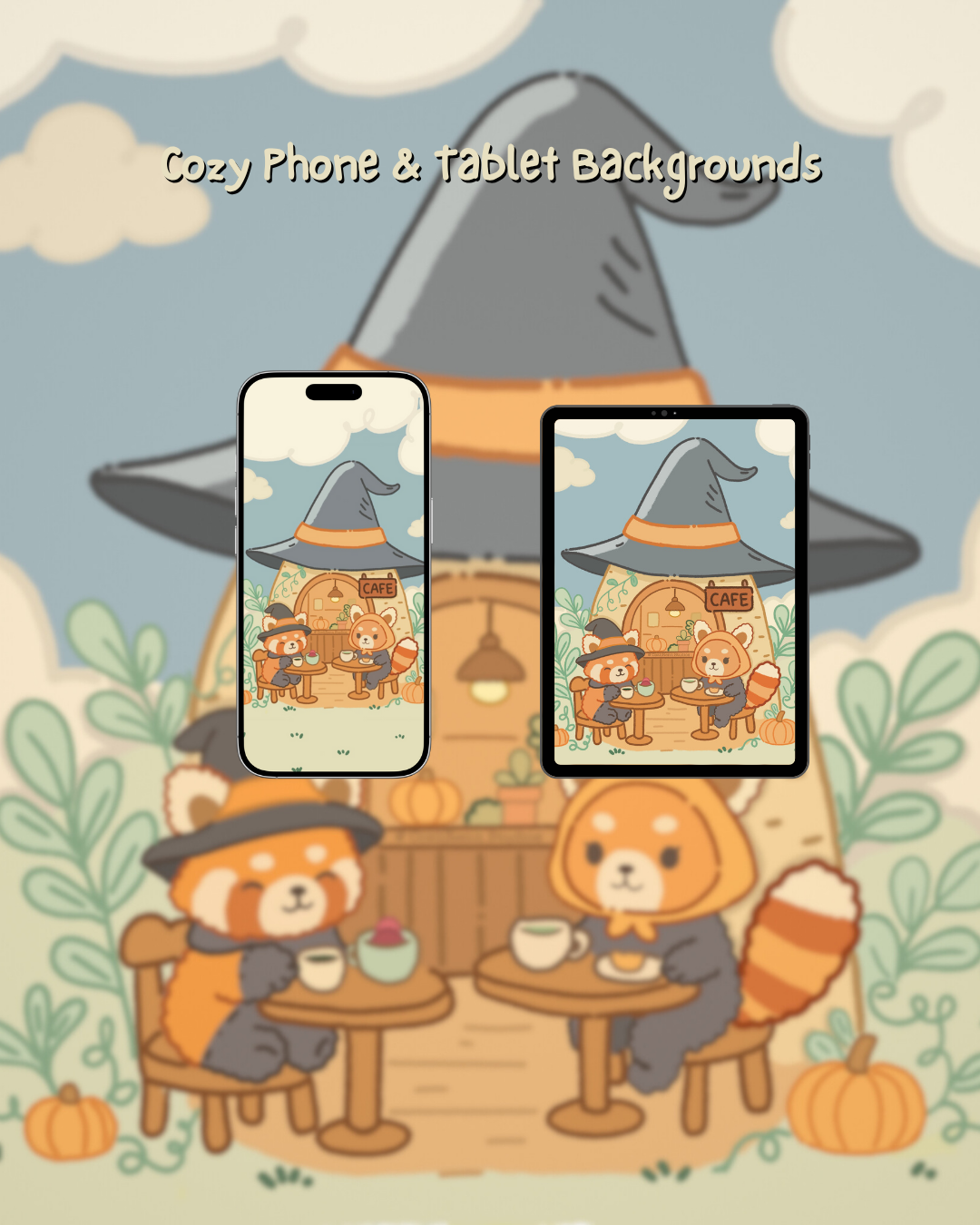 Cozy Witch Café – Fall Red Panda Digital Wallpaper