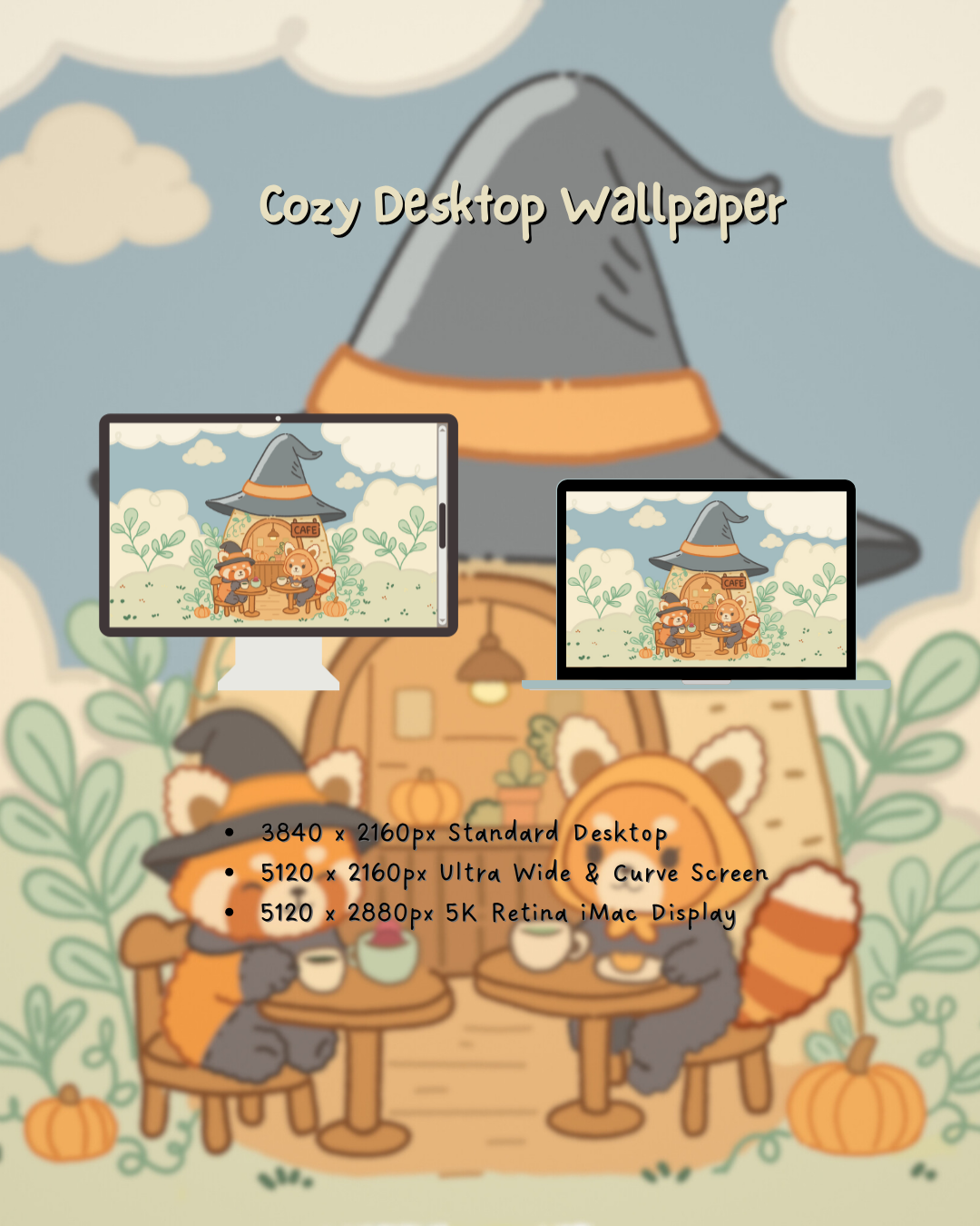 Cozy Witch Café – Fall Red Panda Digital Wallpaper