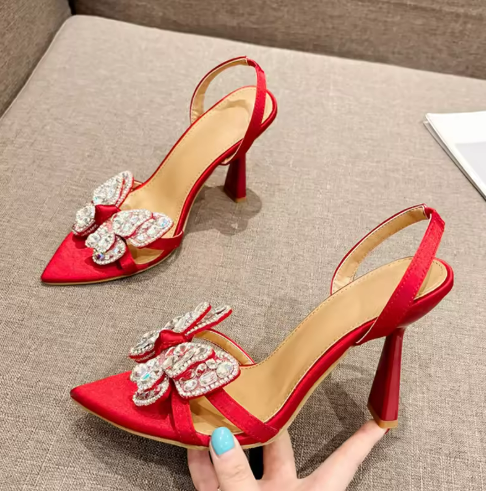 Red High Heel Shoes with Rhinestone Bow