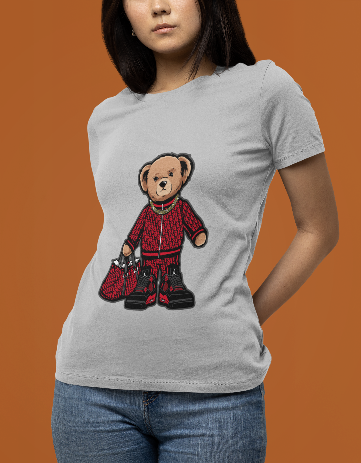 Women's Grey T-Shirt with Teddy Bear Design