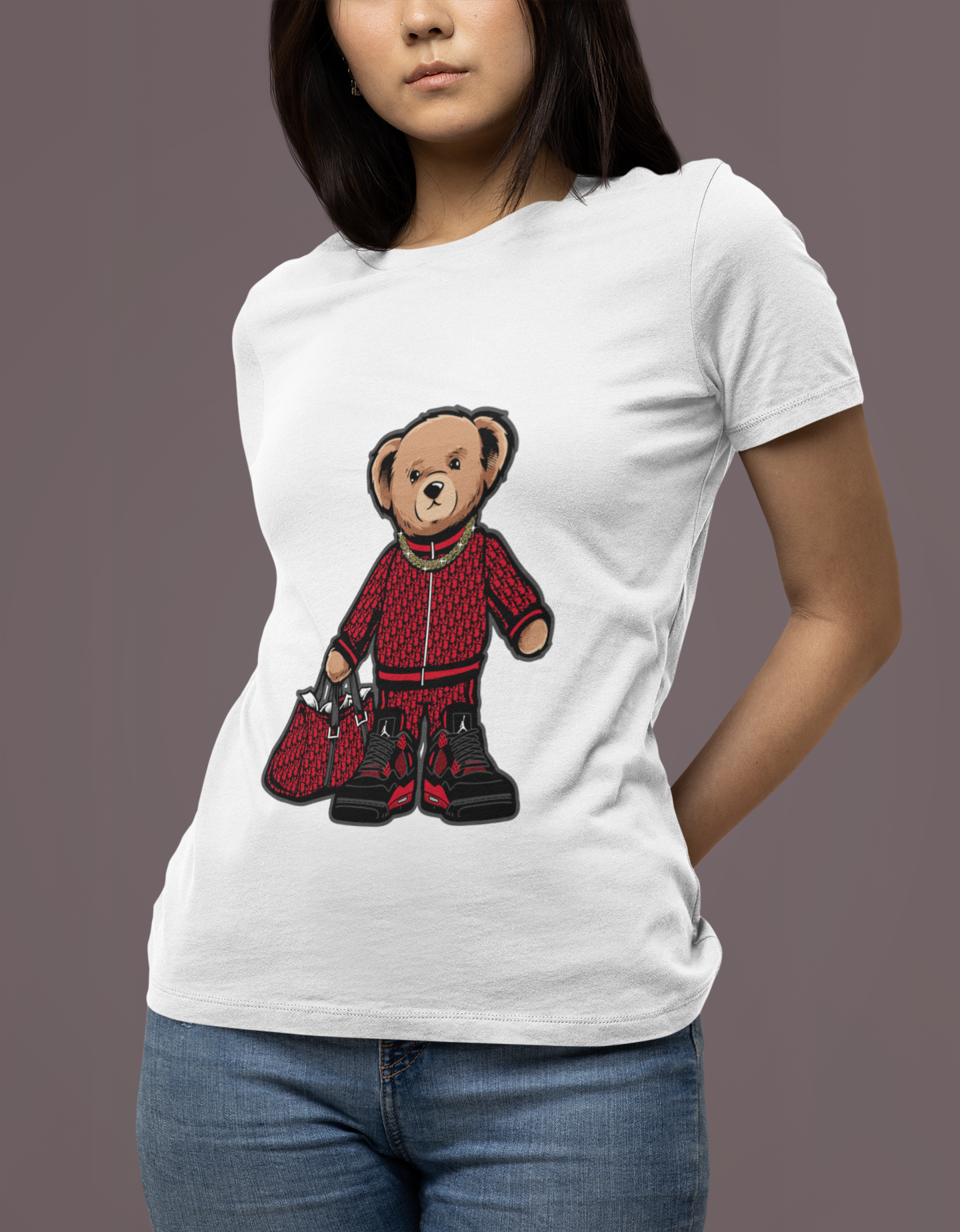 Women's Grey T-Shirt with Teddy Bear Design
