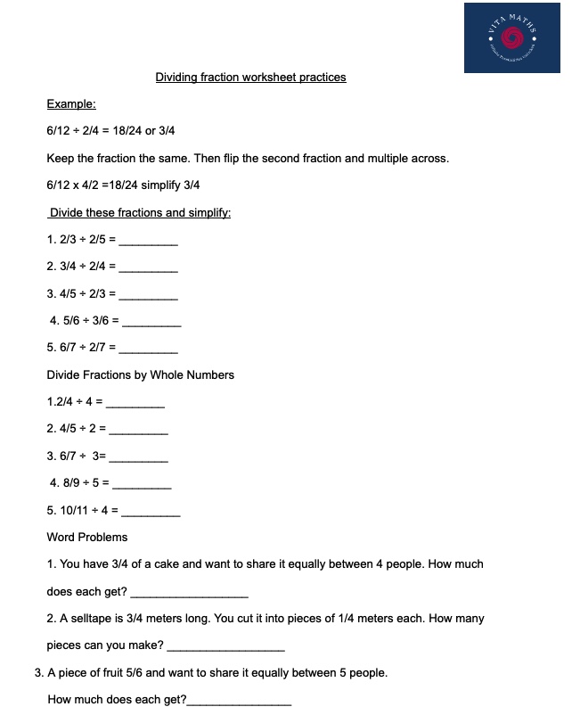 Dividing Fraction Worksheet Practices