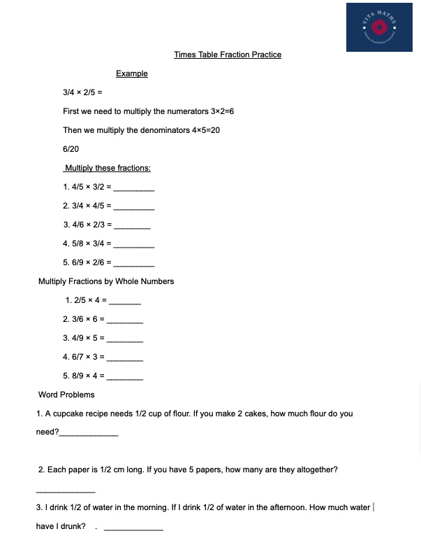 Times Table Fraction Practice Worksheet