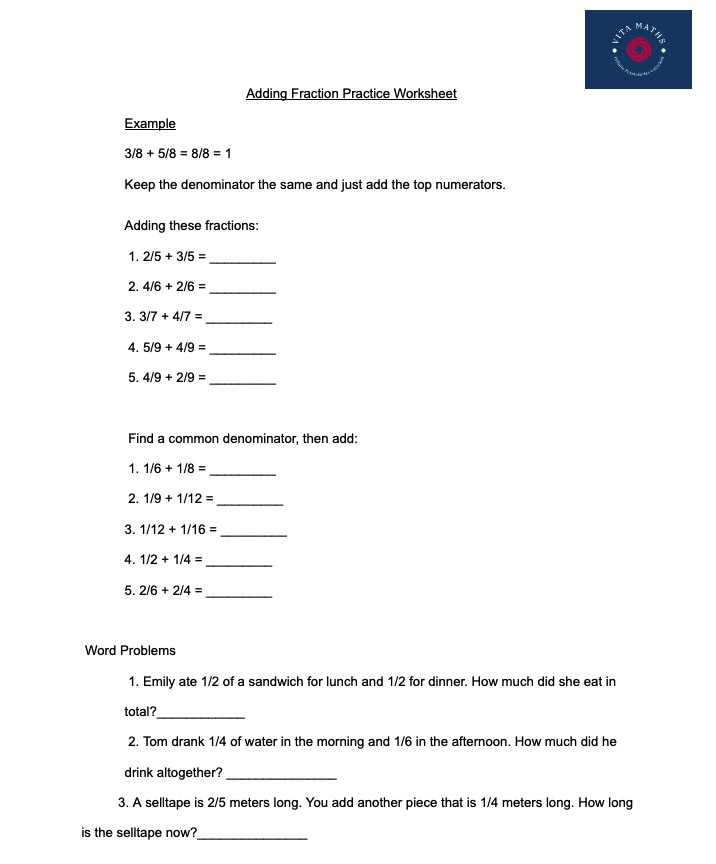 Adding Fraction Practice Worksheet