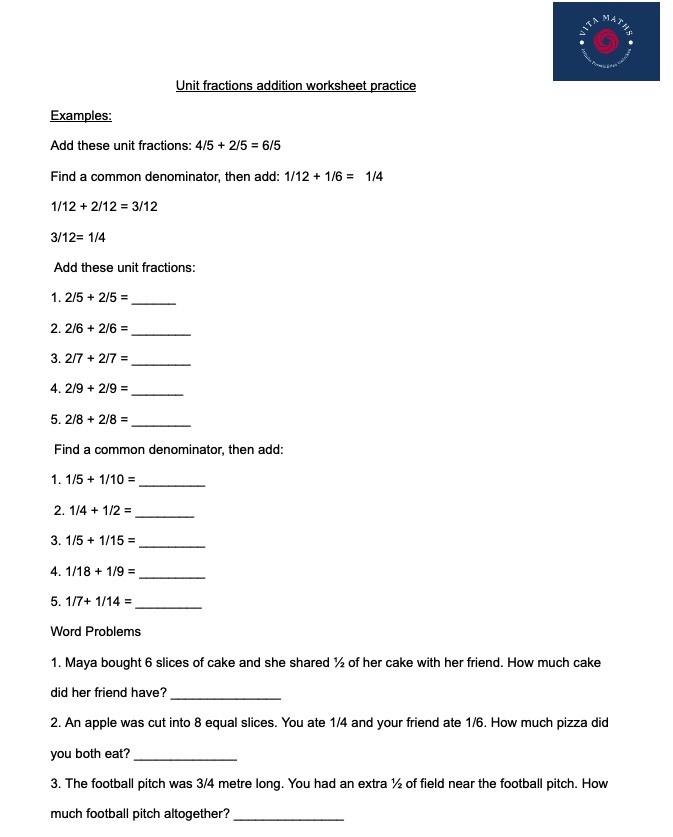 Unit Fractions Addition Worksheet Practice