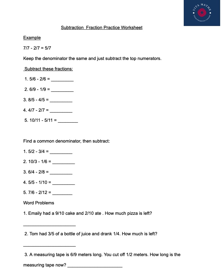Subtraction Fraction Practice Worksheet