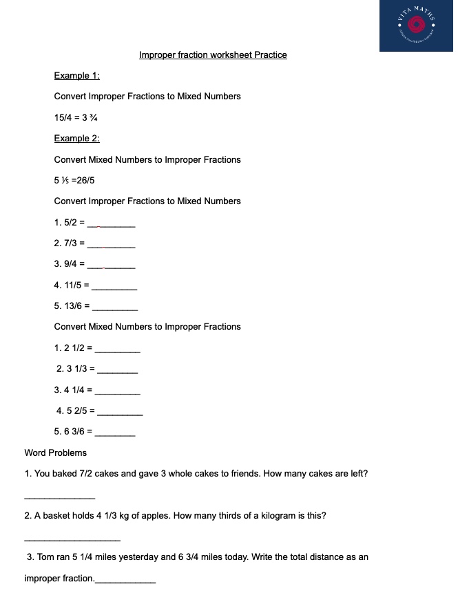 Improper Fraction Worksheet Practice