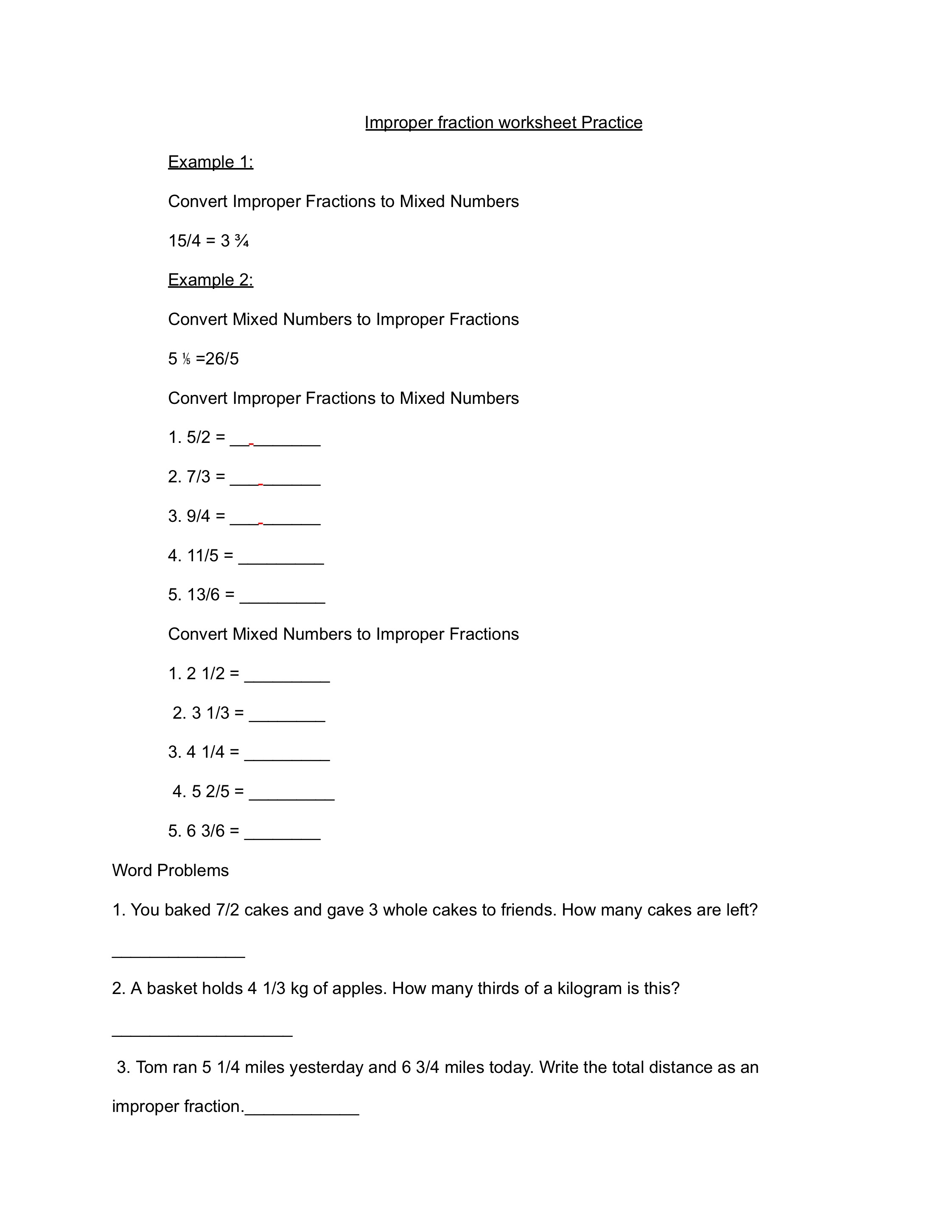 Improper Fraction Worksheet