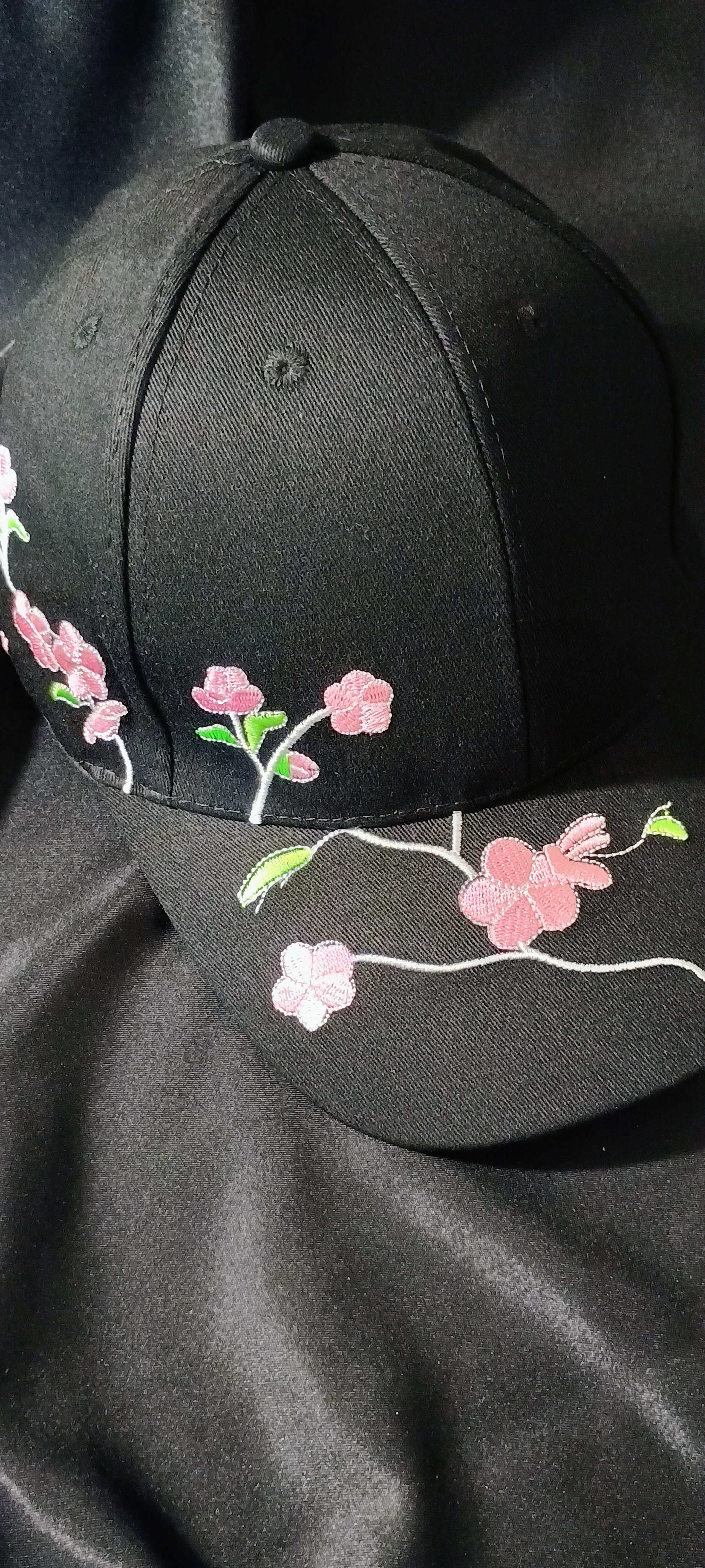 Embroidered Floral Black Cap