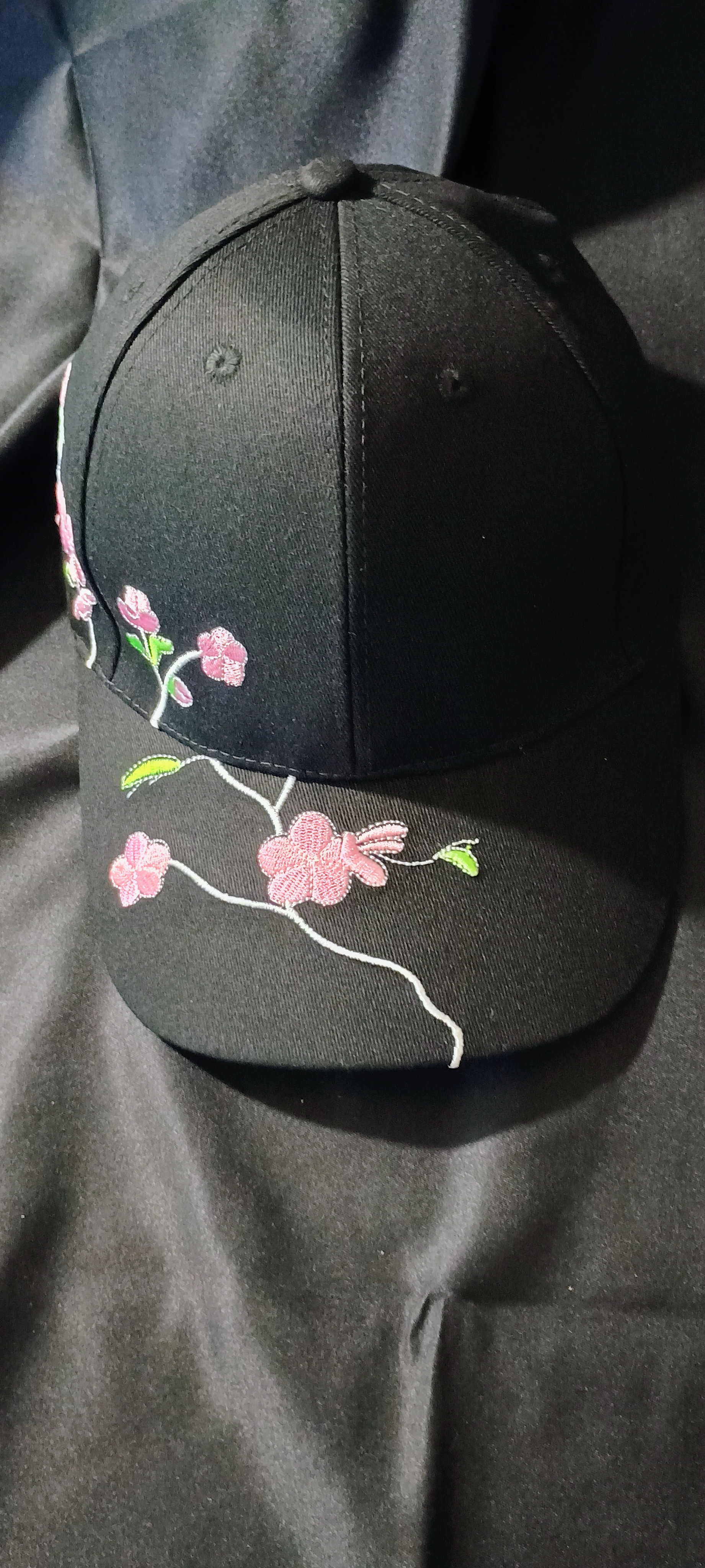 Embroidered Floral Black Cap