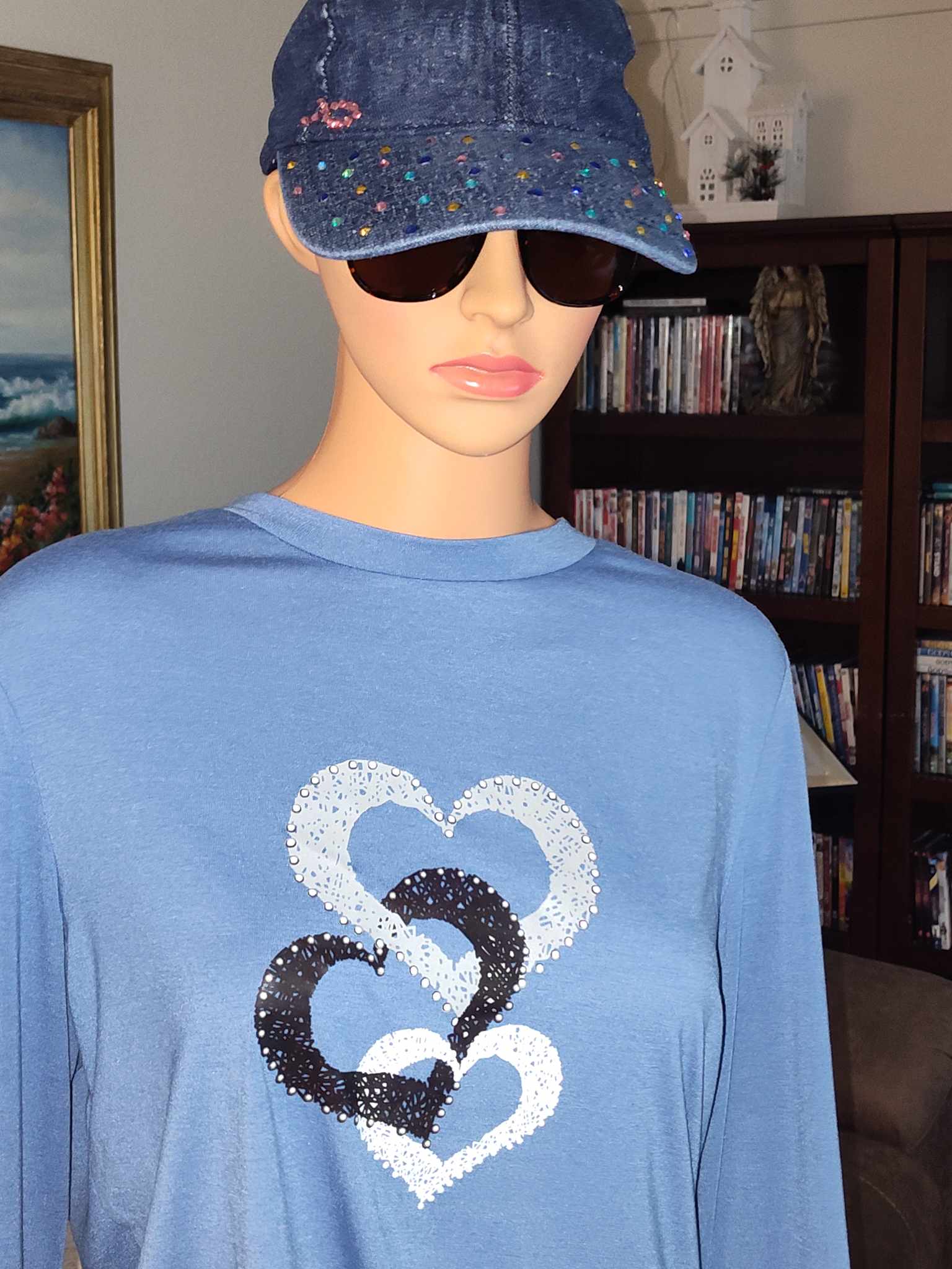 Blue Long-Sleeve Heart Print Shirt
