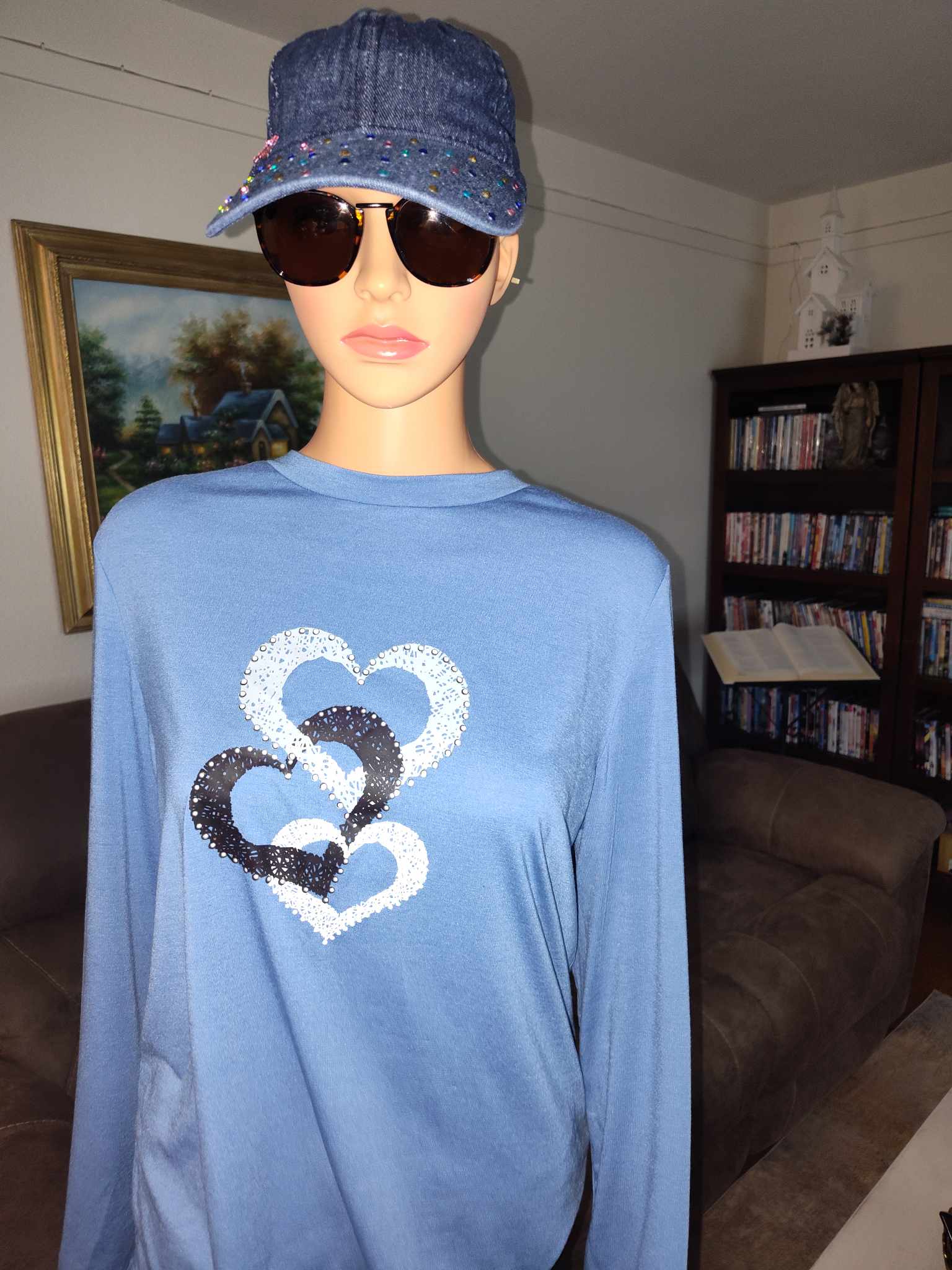 Blue Long-Sleeve Heart Print Shirt