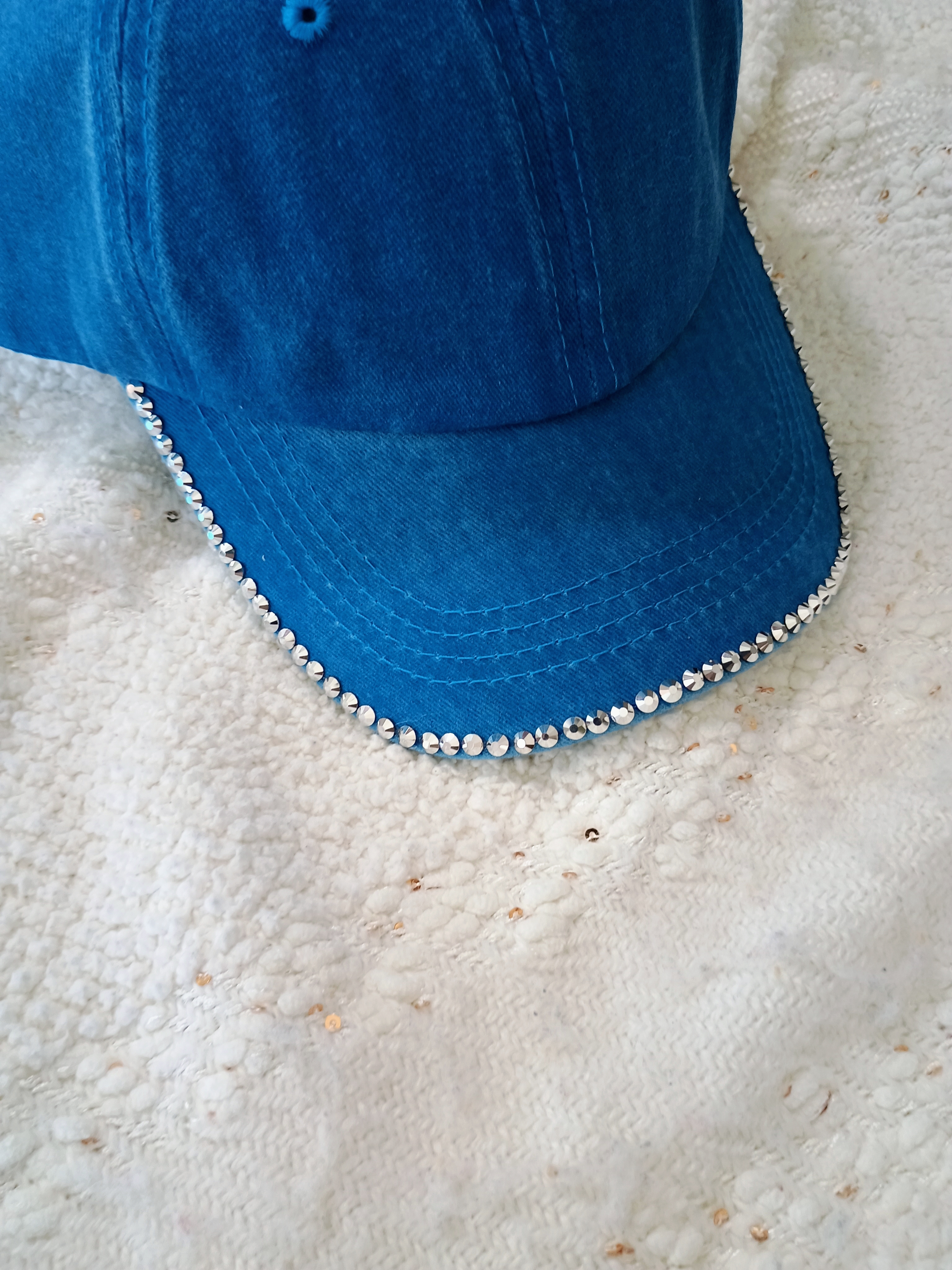 Blue Denim Cap with Silver Chrome Rhinestone Trim w/o symbols