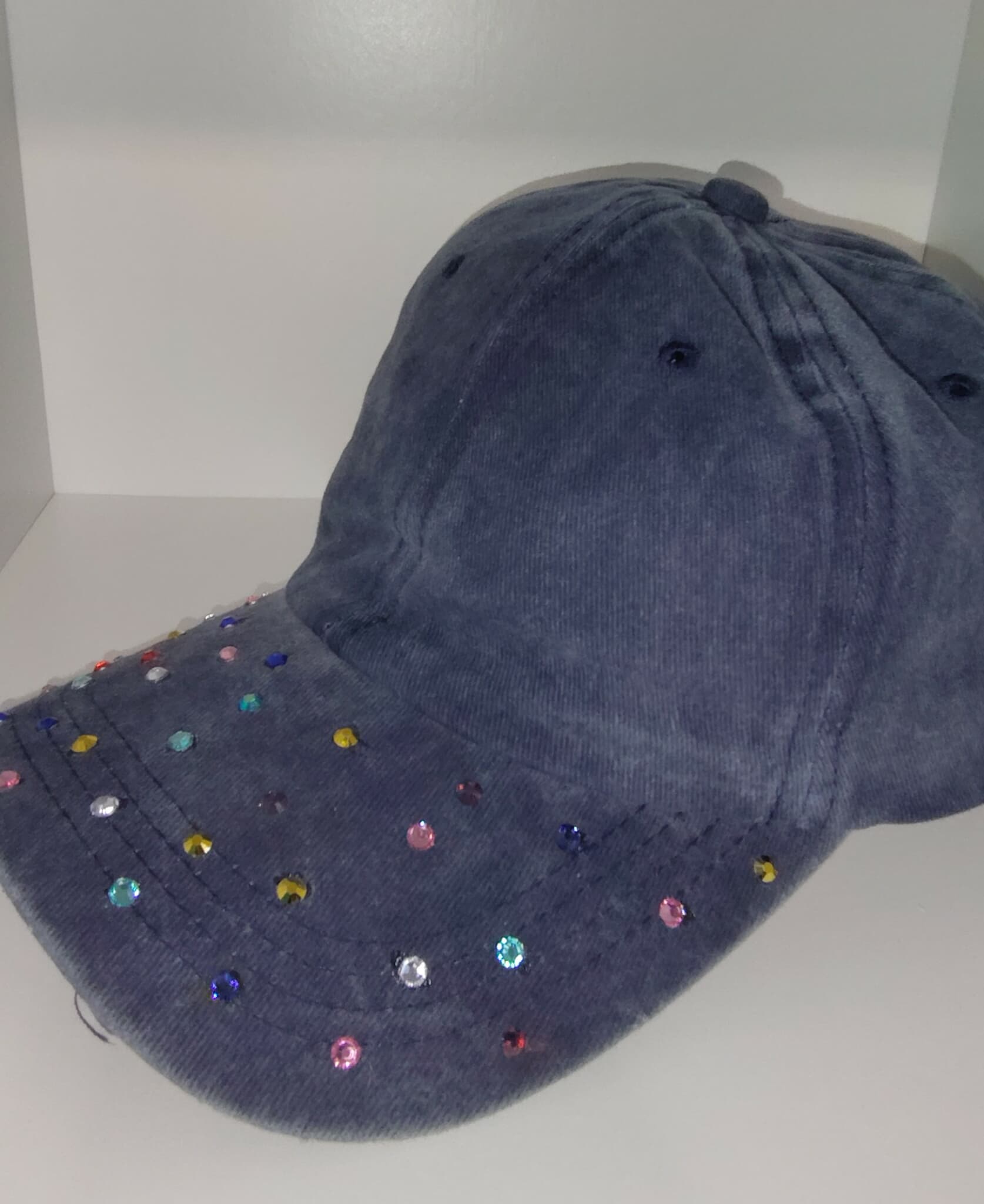 Blue Denim Cap with Colorful Rhinestones **