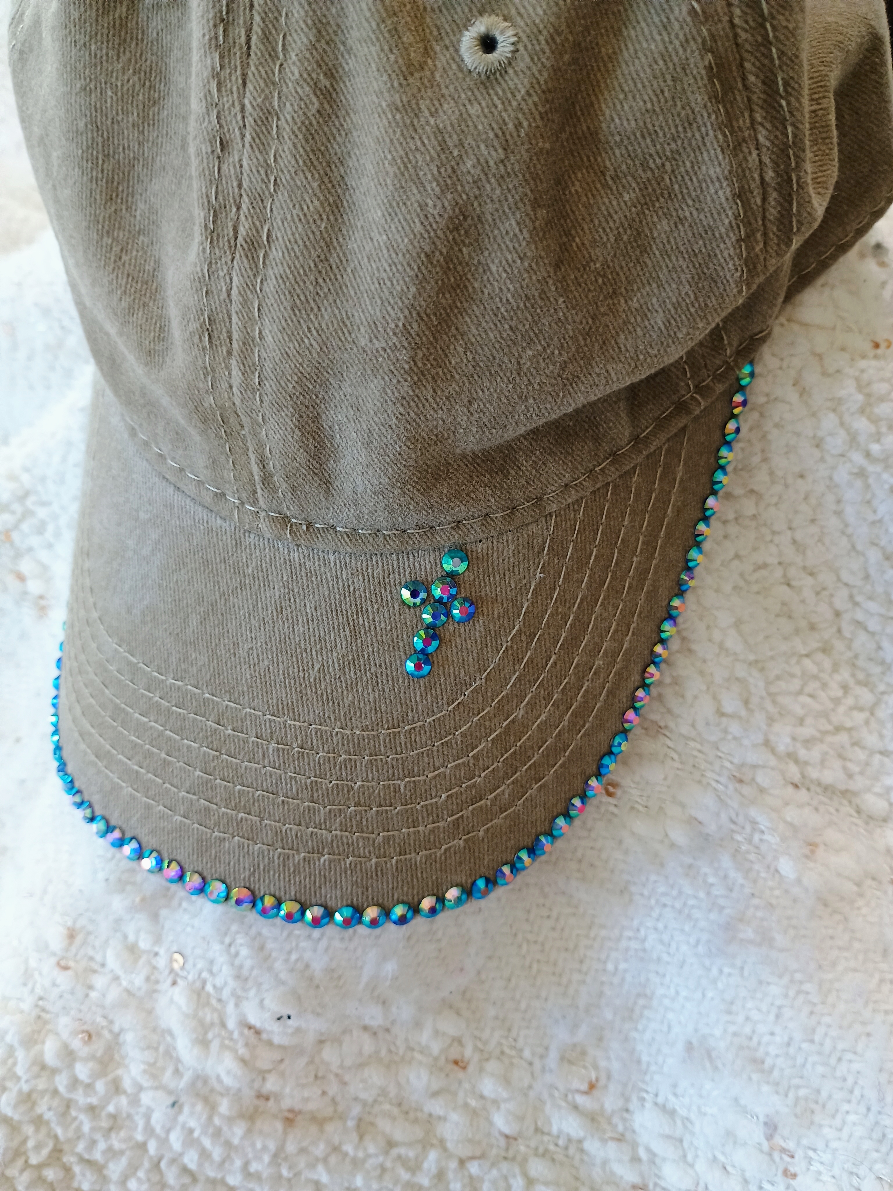 Embellished Khaki Cap with multicolored rhinestones with cross