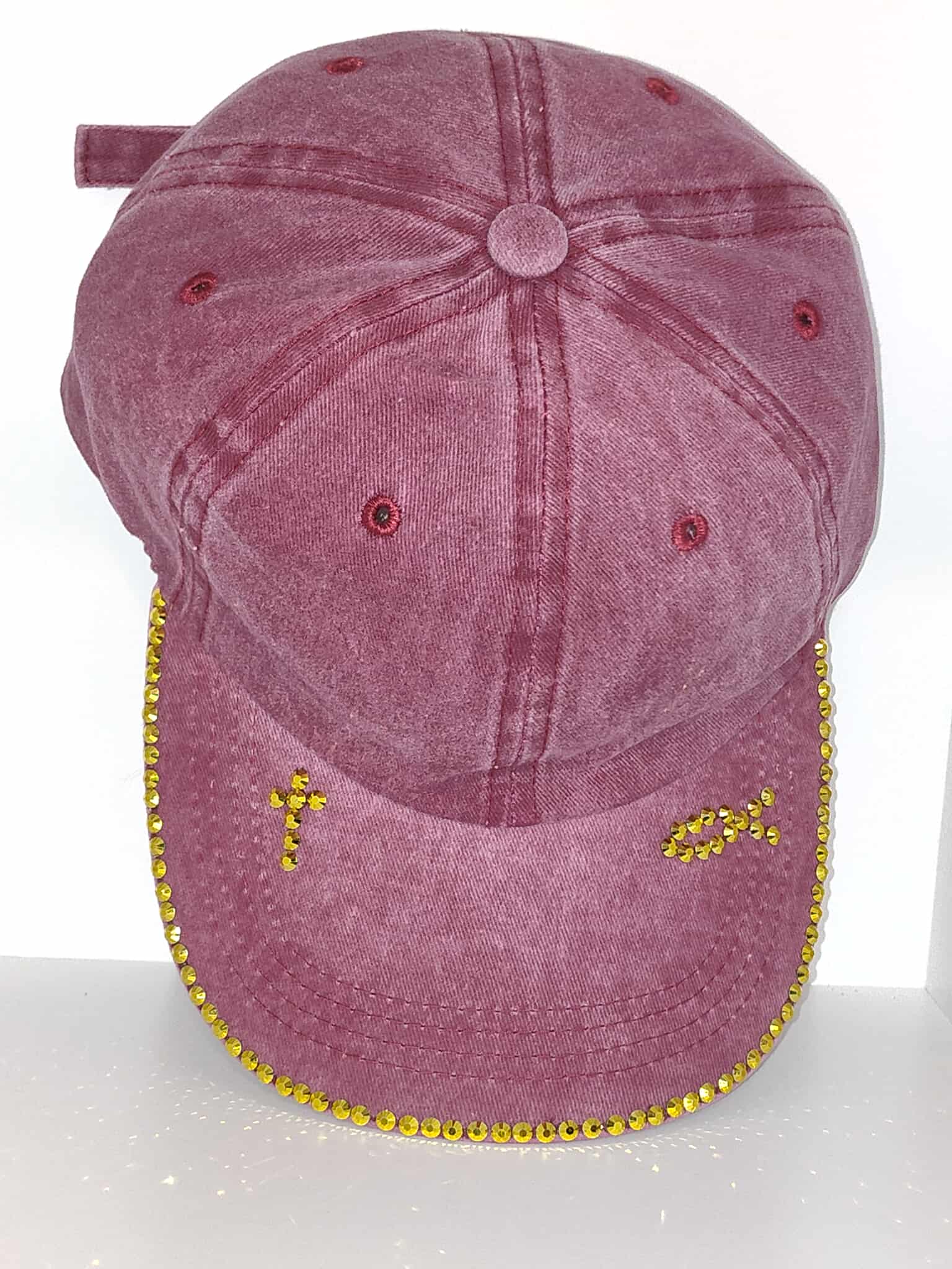 Red Washed Denim Cap with Rhinestone Details