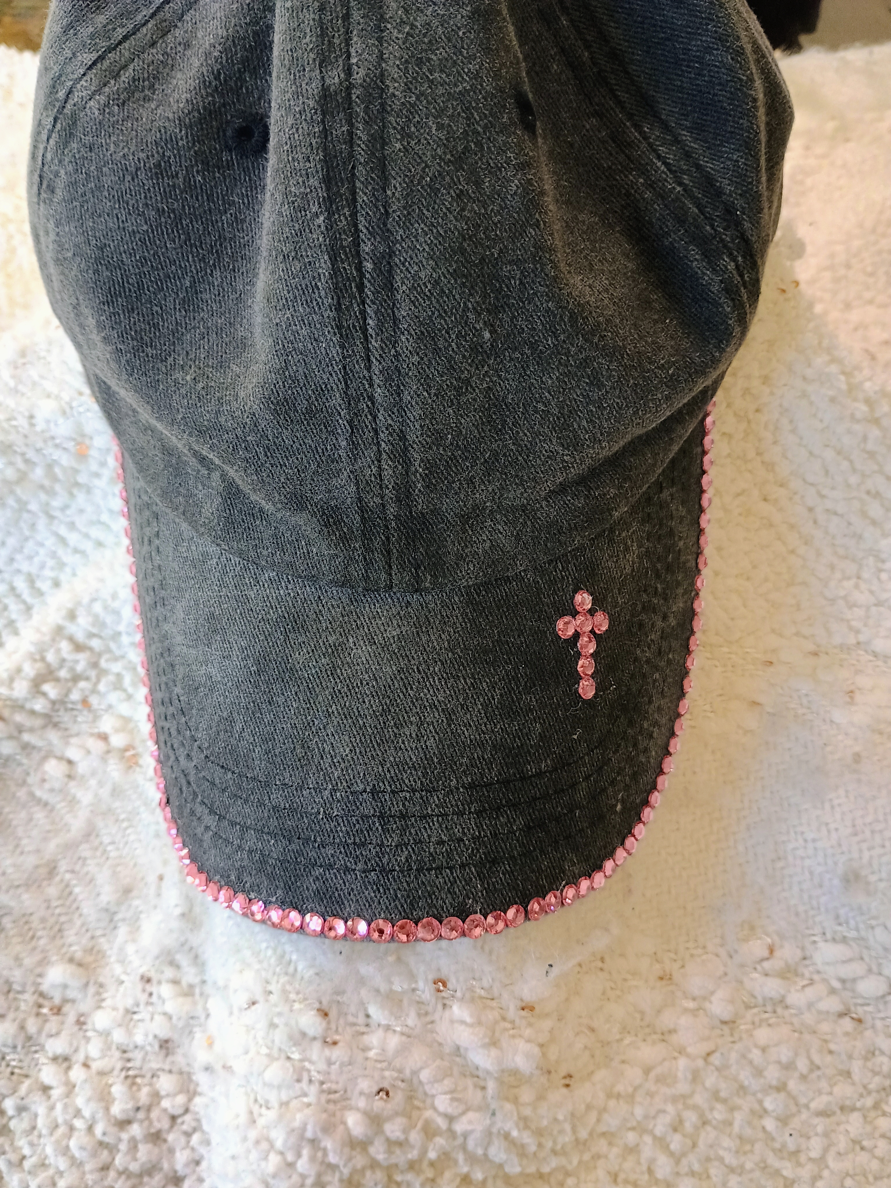 Grey Denim Cap with Pink Rhinestone Cross