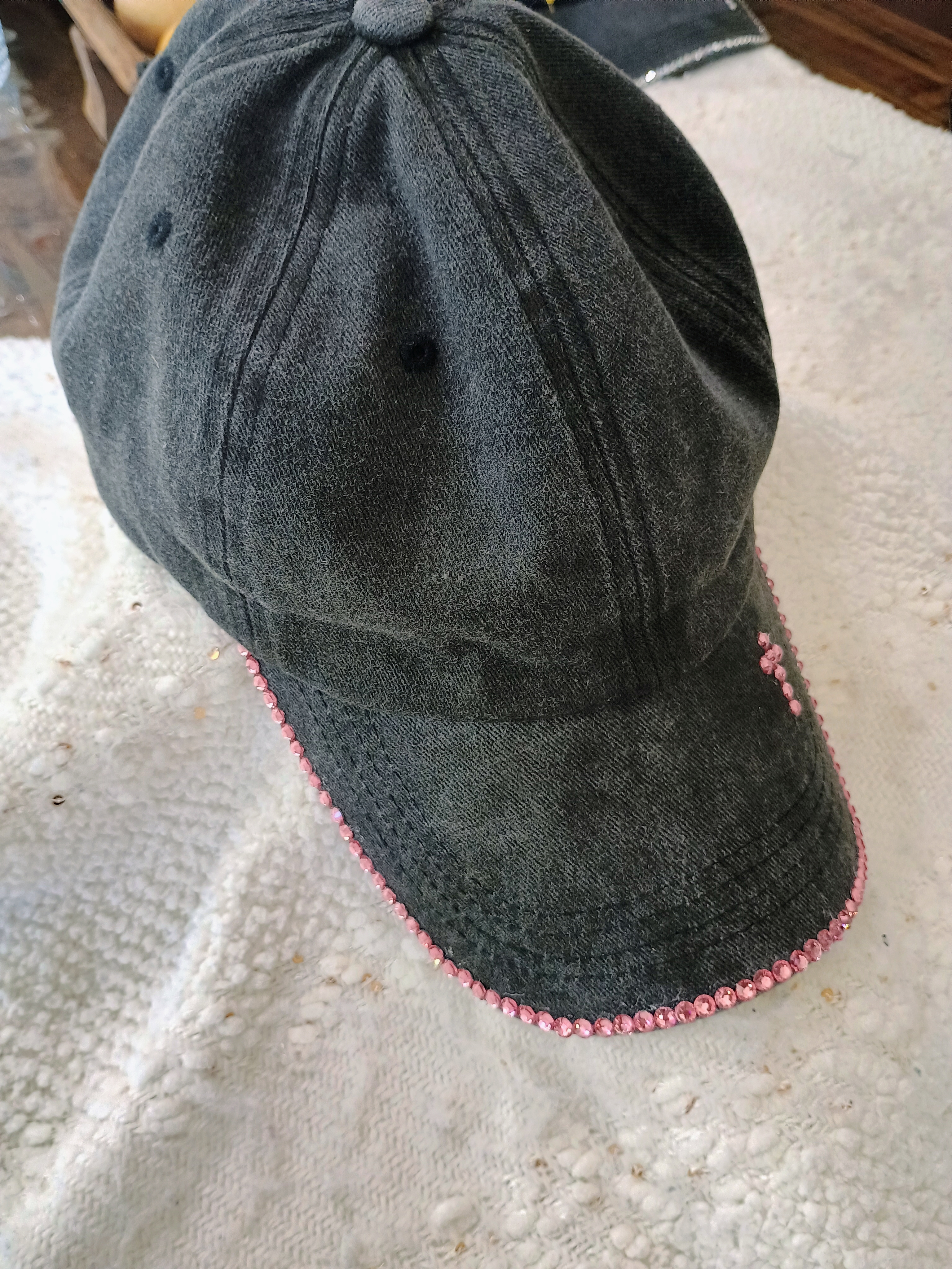 Grey Denim Cap with Pink Rhinestone Cross