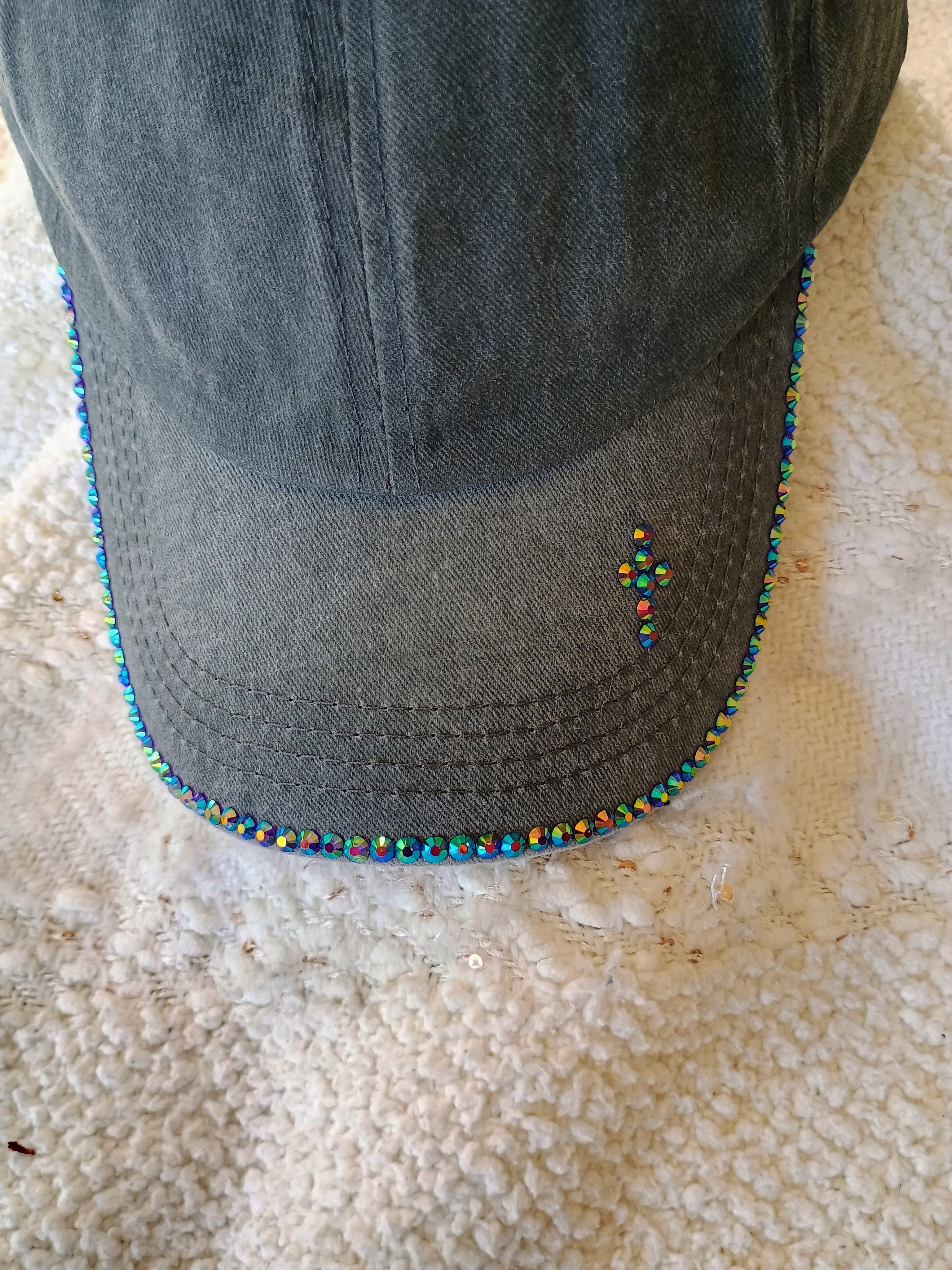 Gray Baseball Cap with Rhinestone Trim **