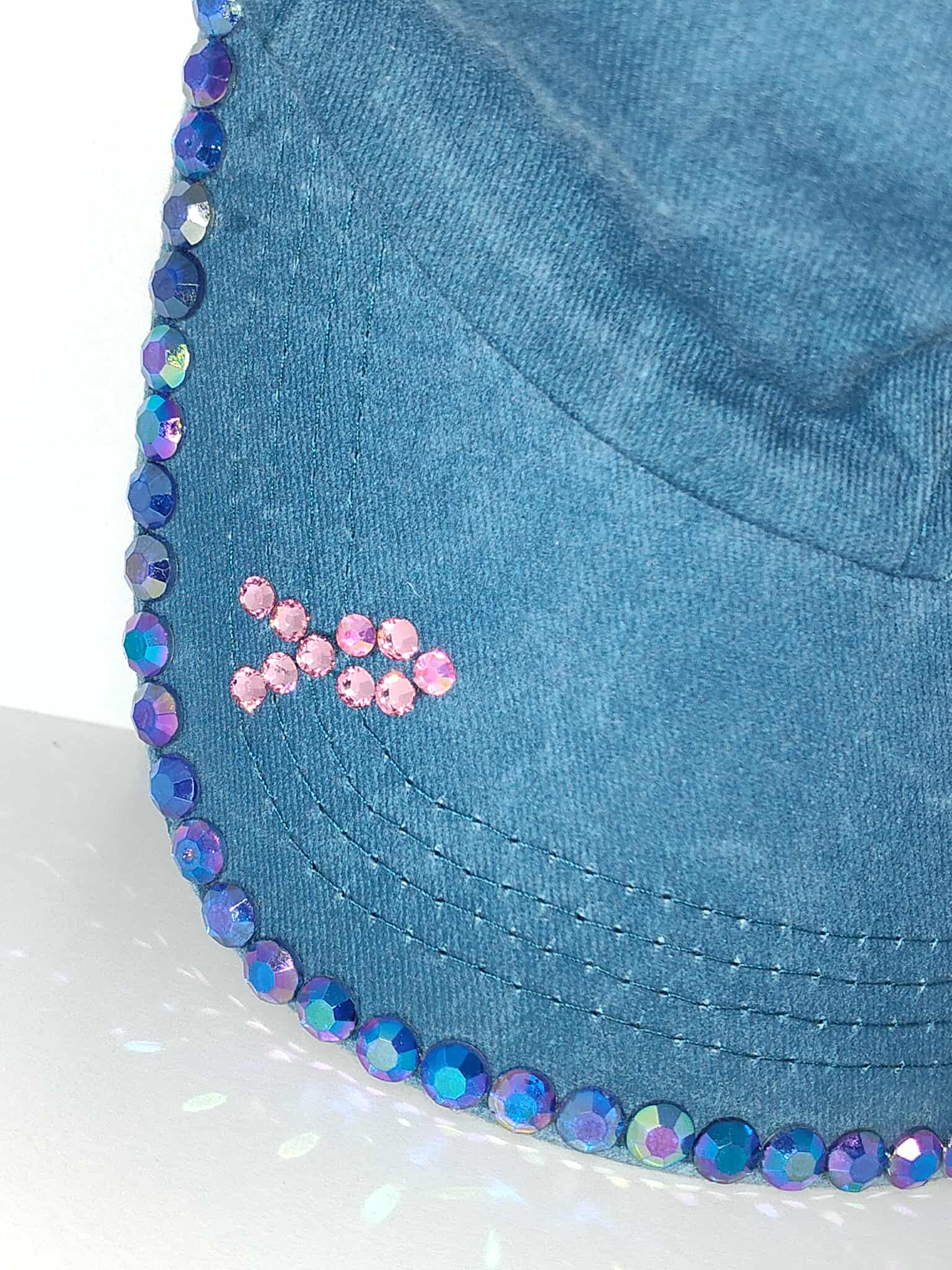 Teal Denim Cap with Rhinestone Trim