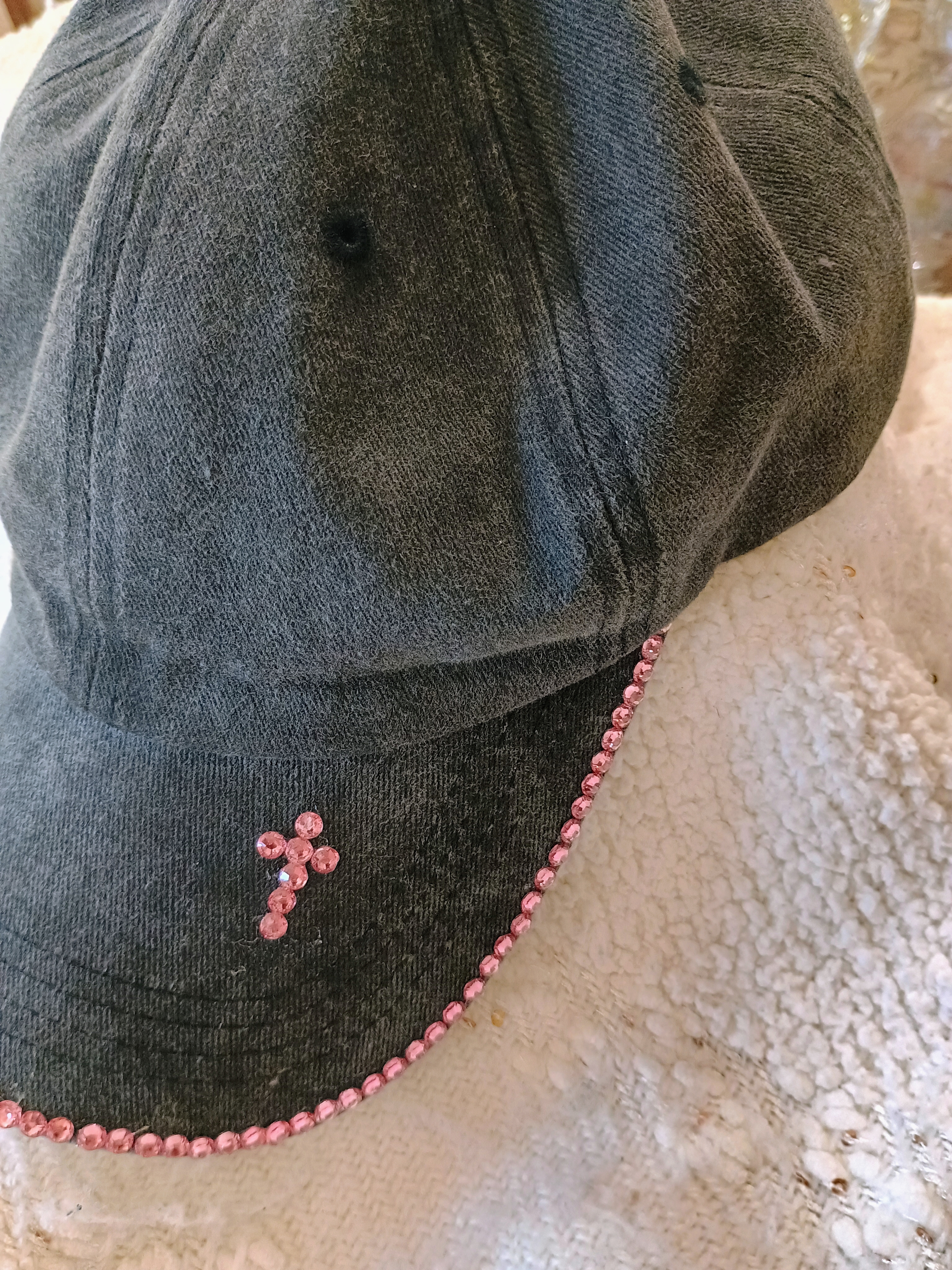 Grey Denim Cap with Pink Rhinestone Cross