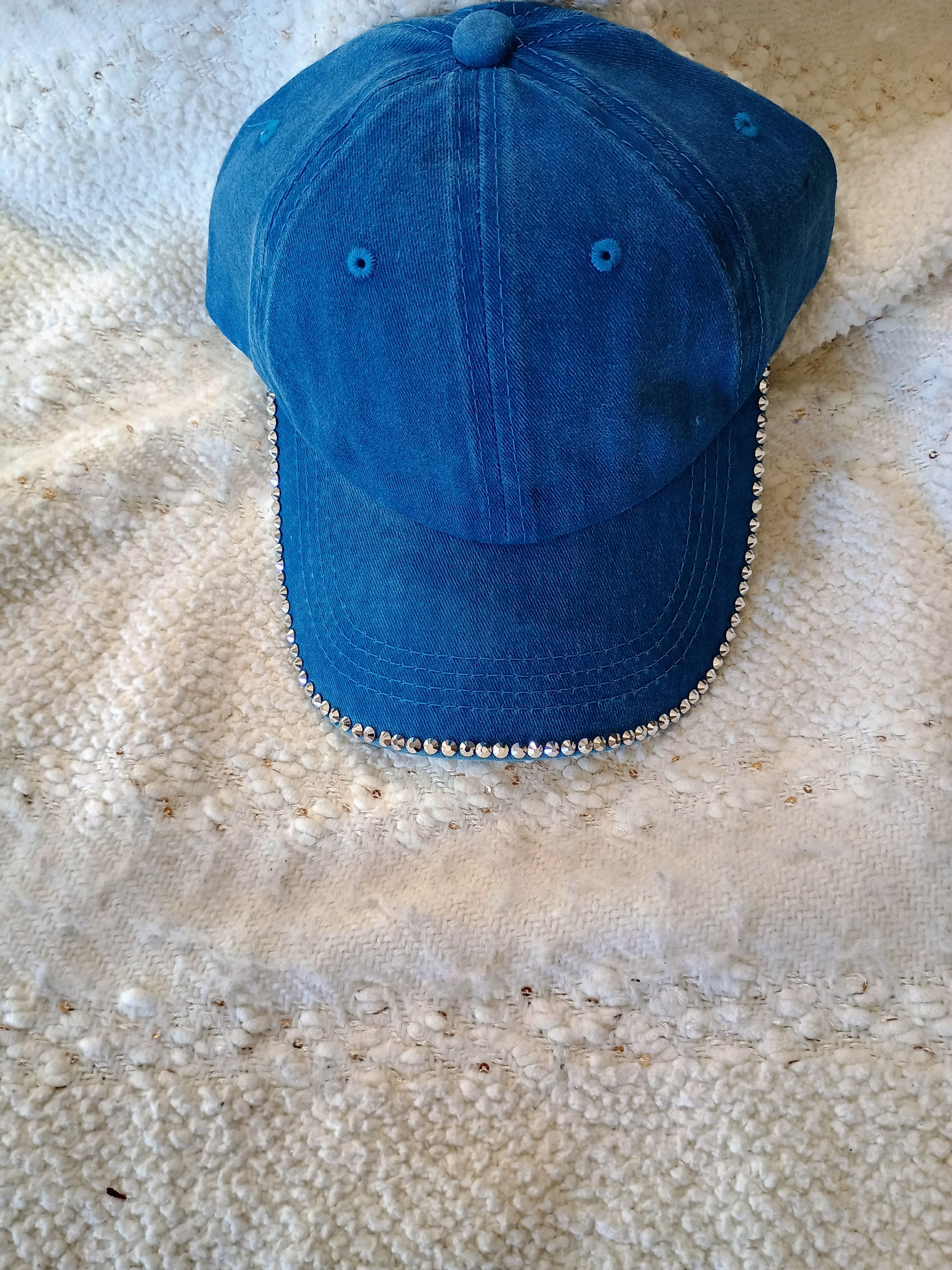 Blue Denim Cap with Silver Chrome Rhinestone Trim w/o symbols