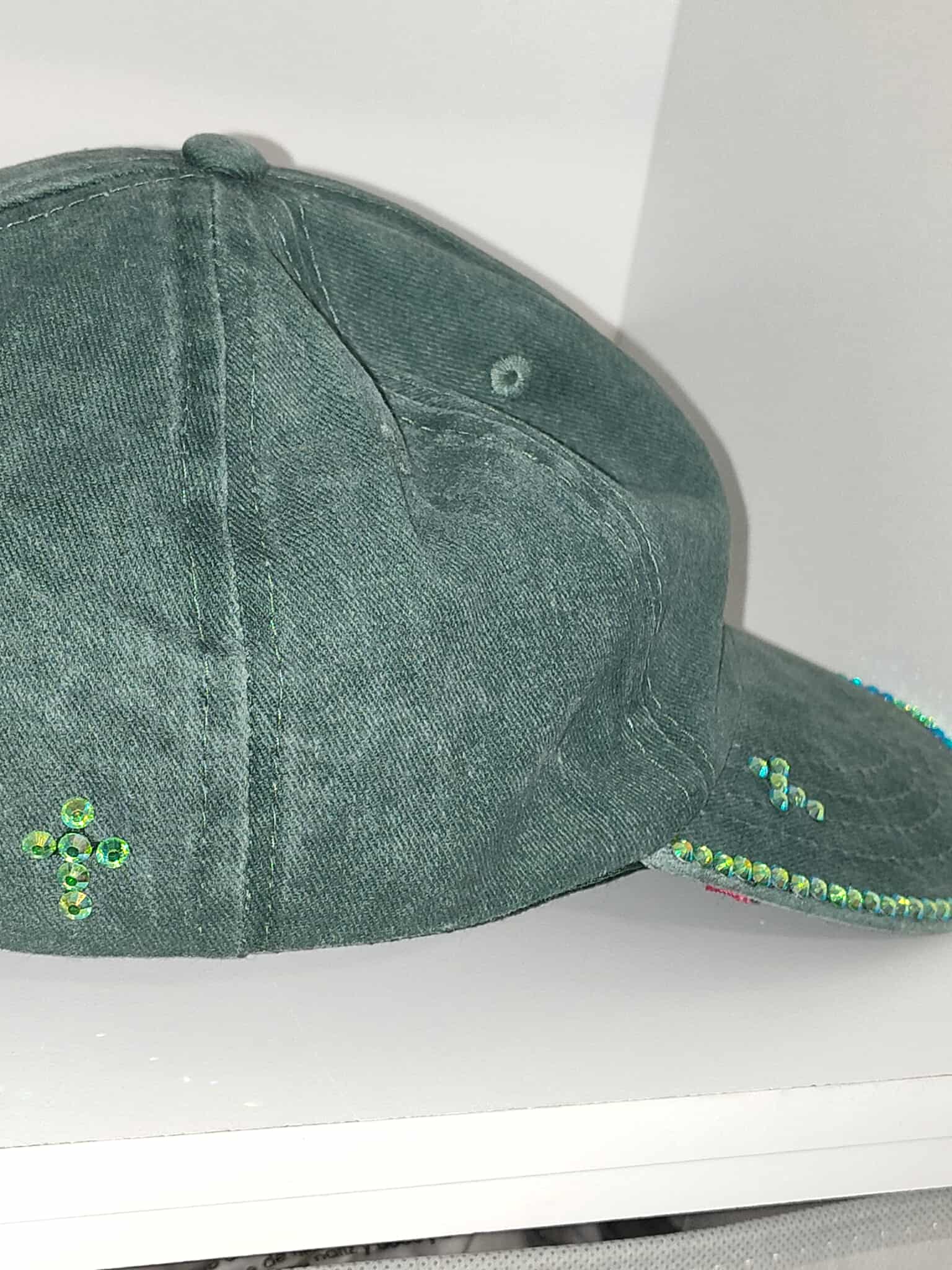 Dark Green Denim Cap with Rhinestones