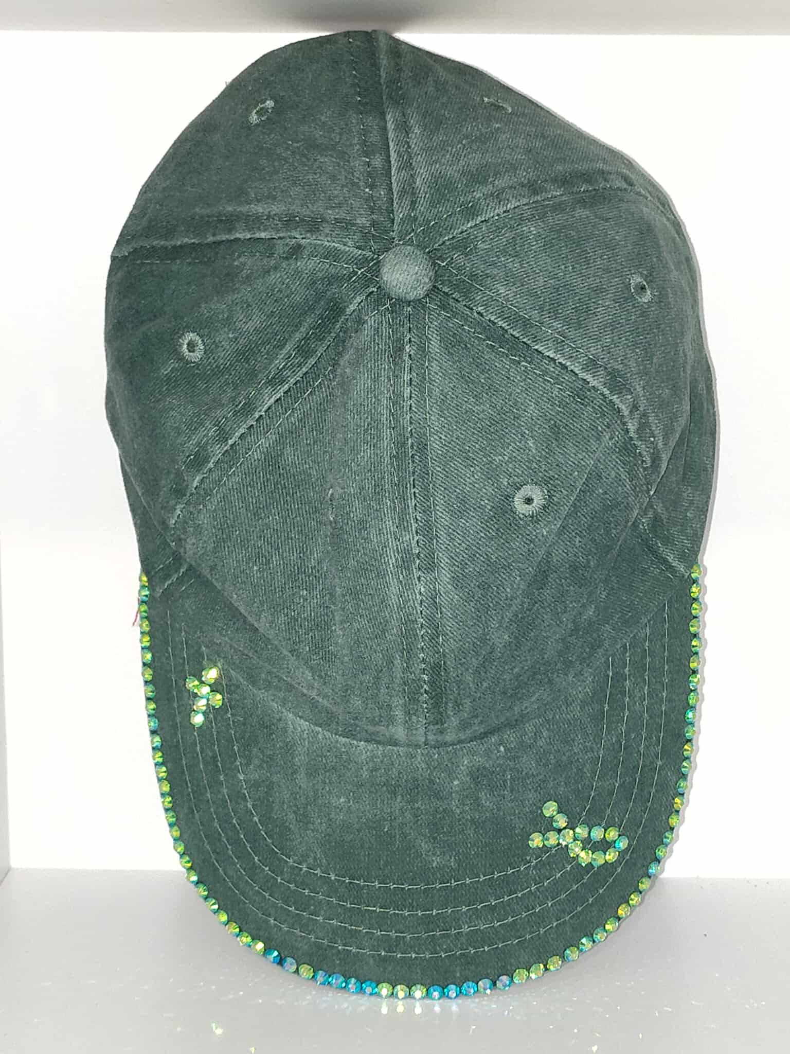 Dark Green Denim Cap with Rhinestones