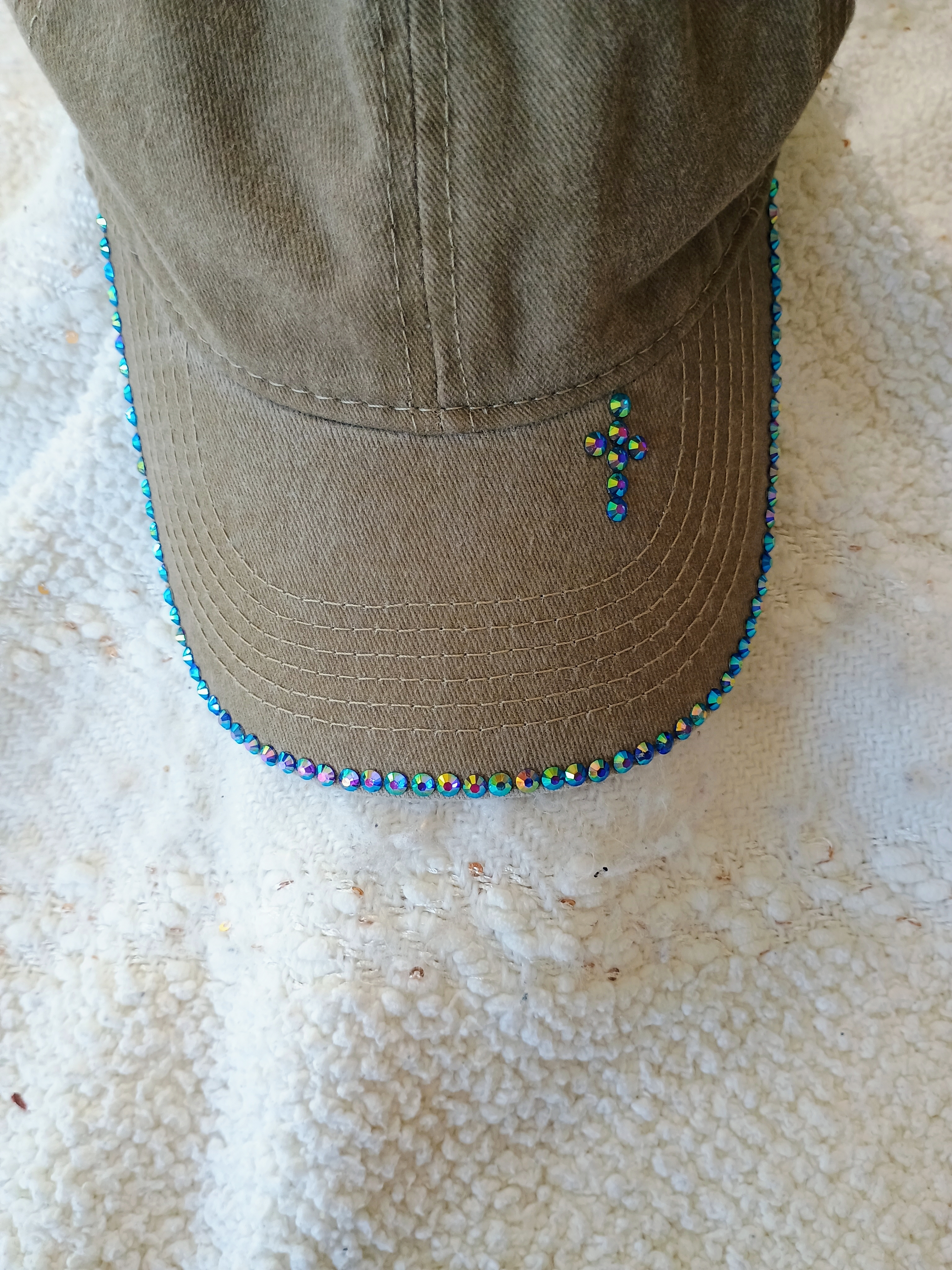 Embellished Khaki Cap with multicolored rhinestones with cross