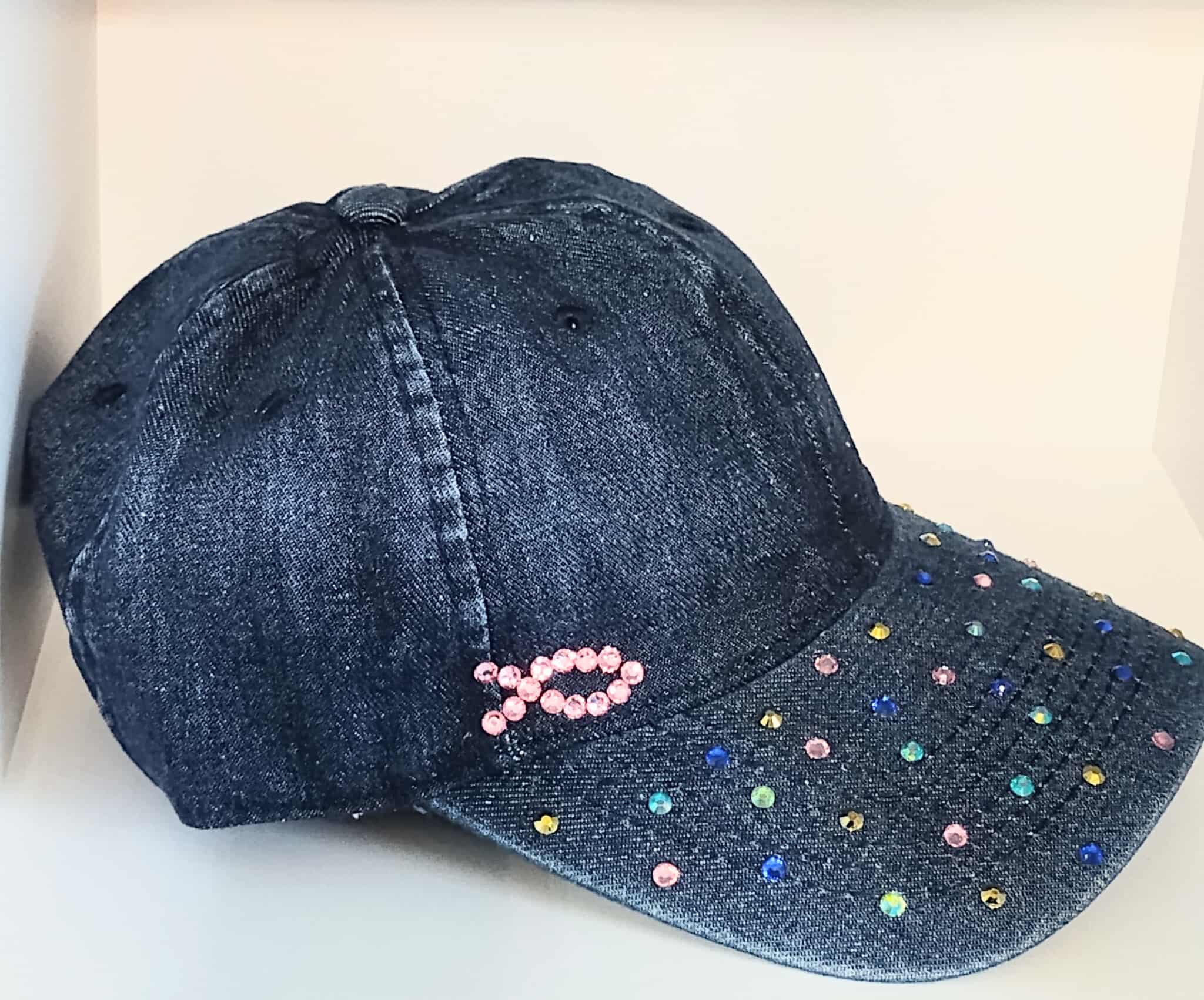 Denim Cap with Colorful Rhinestones