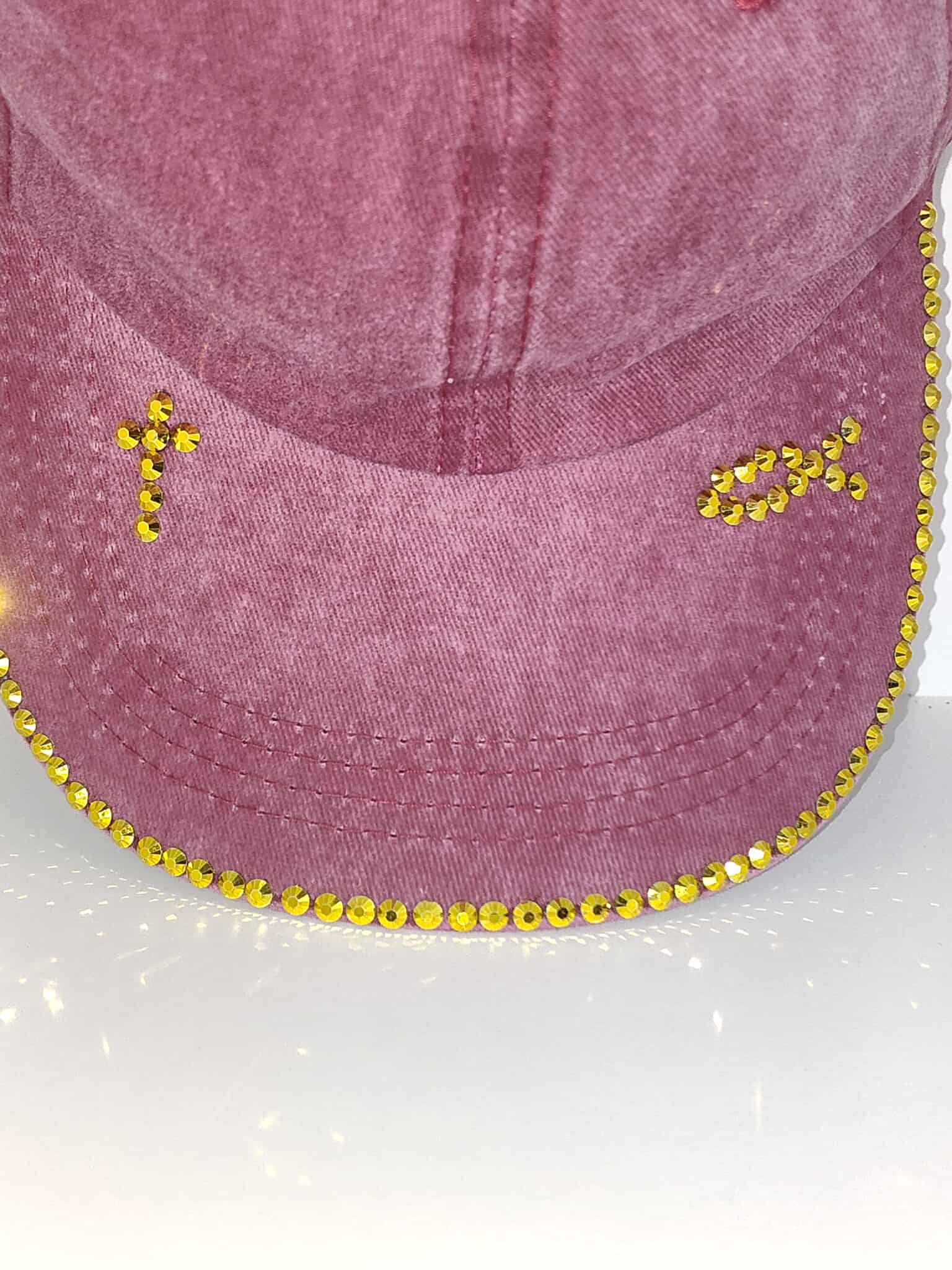 Red Washed Denim Cap with Rhinestone Details