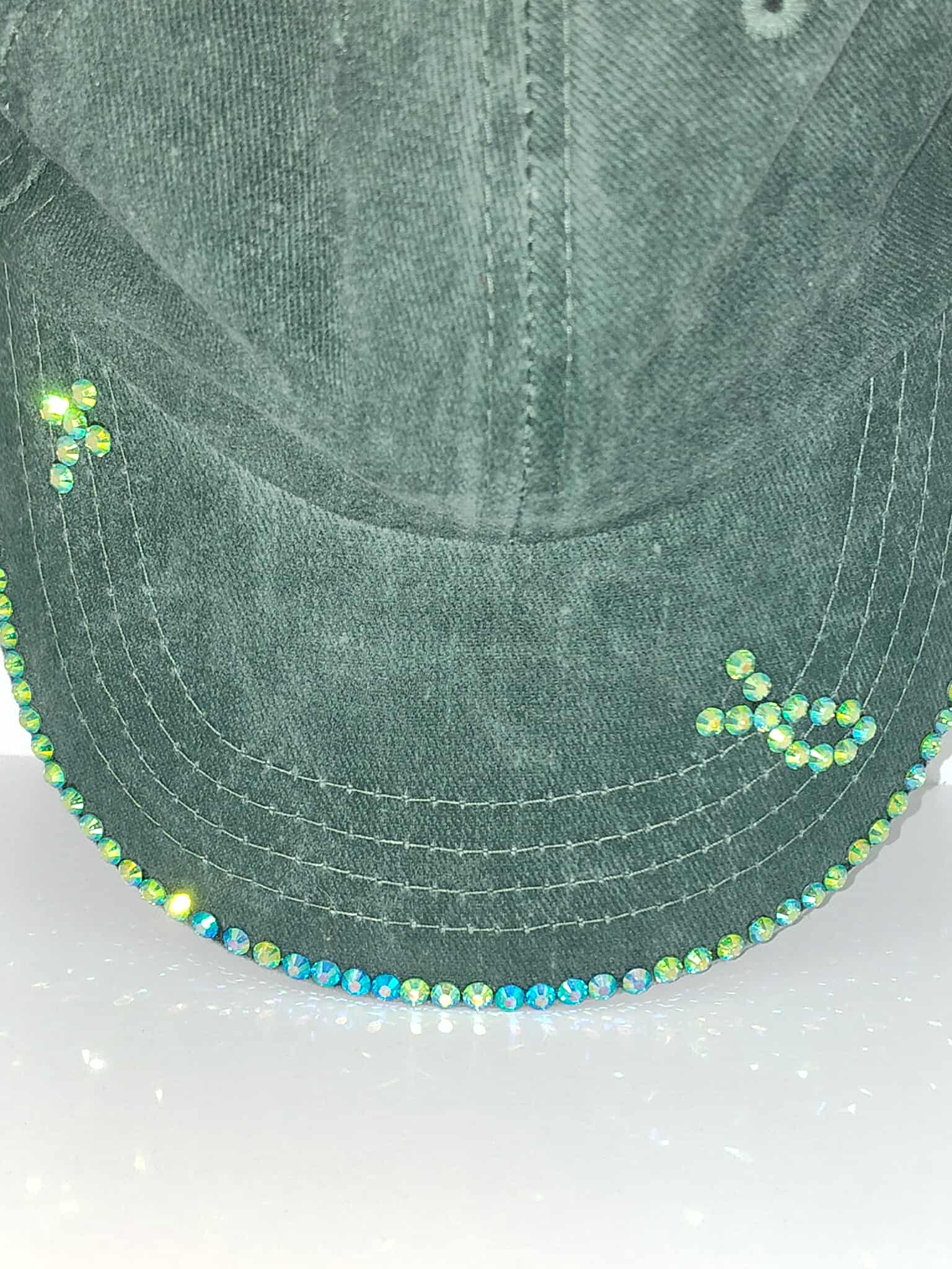 Dark Green Denim Cap with Rhinestones